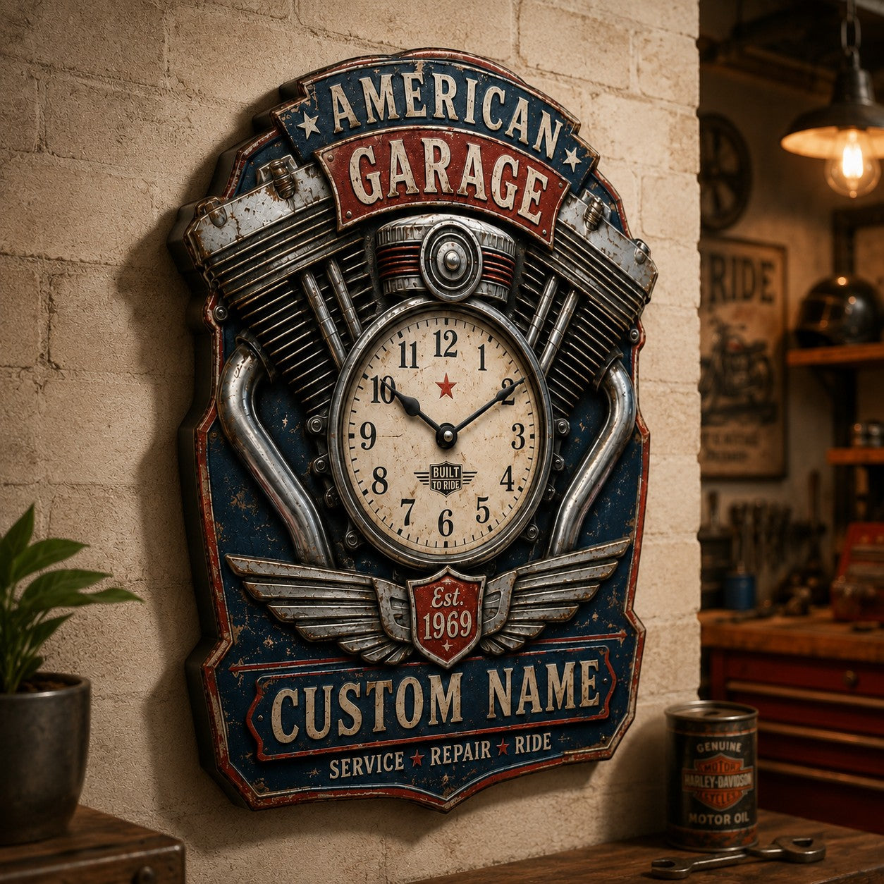 Personalized Motorcycle Enthusiasts Wall Clock with Custom Name — personalized with a custom name