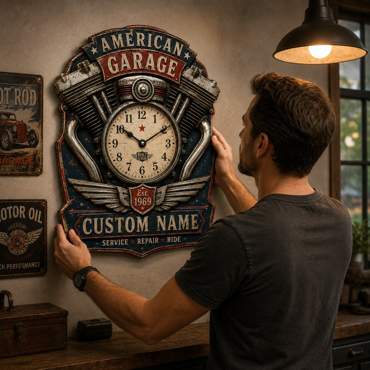 Personalized Motorcycle Enthusiasts Wall Clock with Custom Name — personalized with a custom name