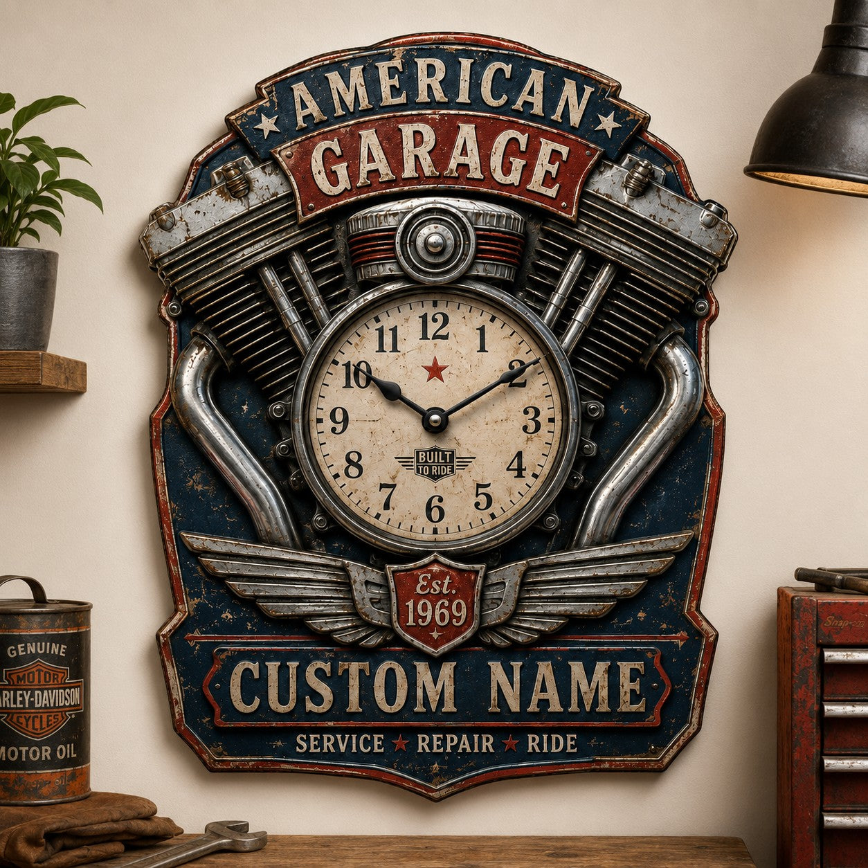 Personalized Motorcycle Enthusiasts Wall Clock with Custom Name — personalized with a custom name