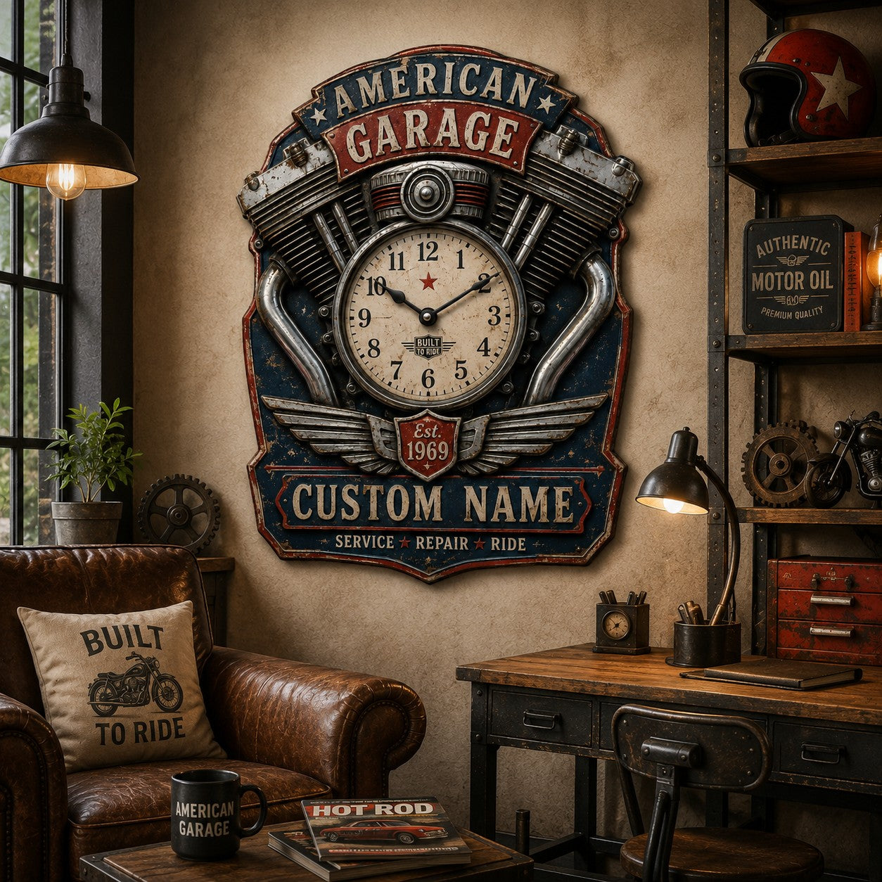 Personalized Motorcycle Enthusiasts Wall Clock with Custom Name — personalized with a custom name