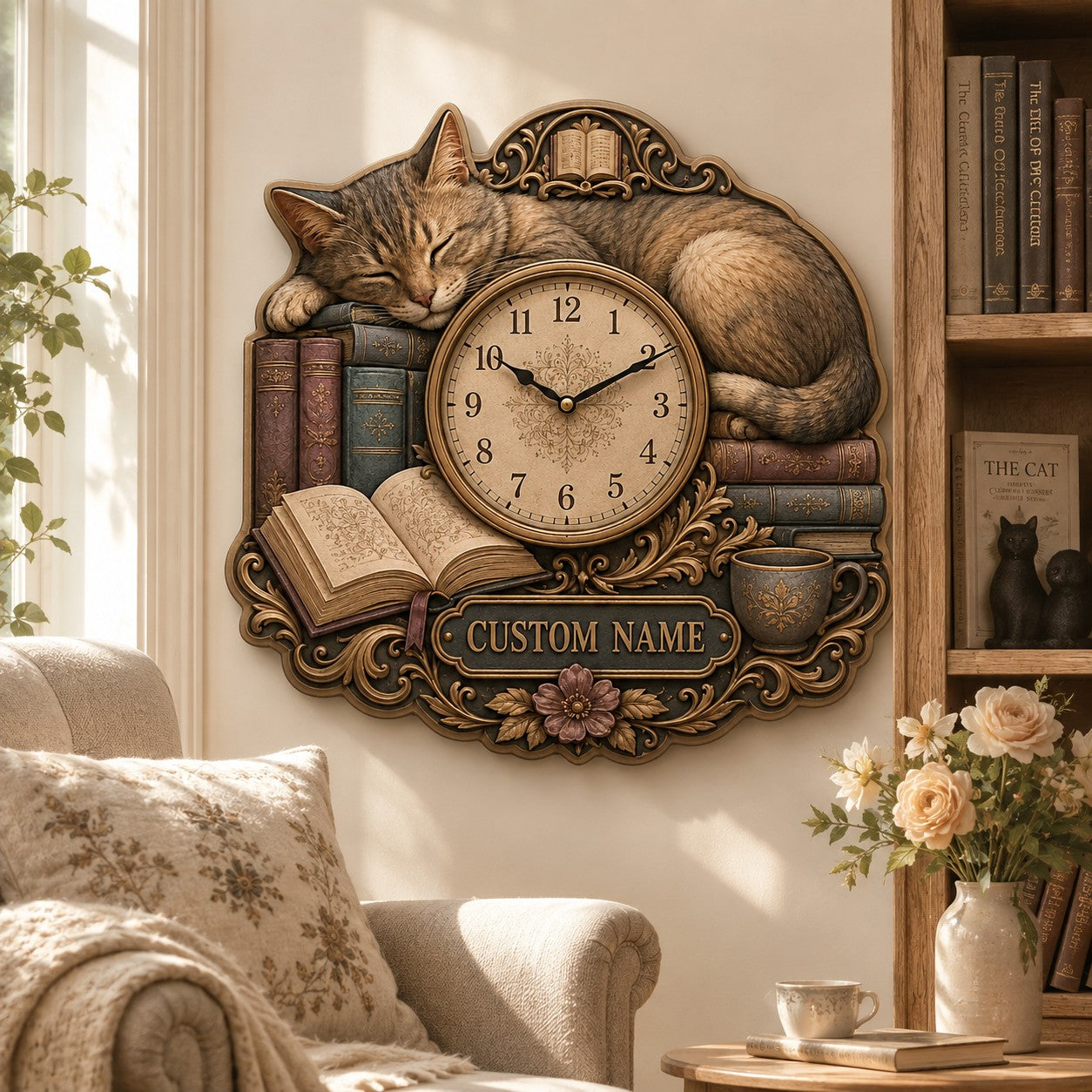 Personalized Cat Book Lover Wall Clock with Custom Name — personalized with a custom name