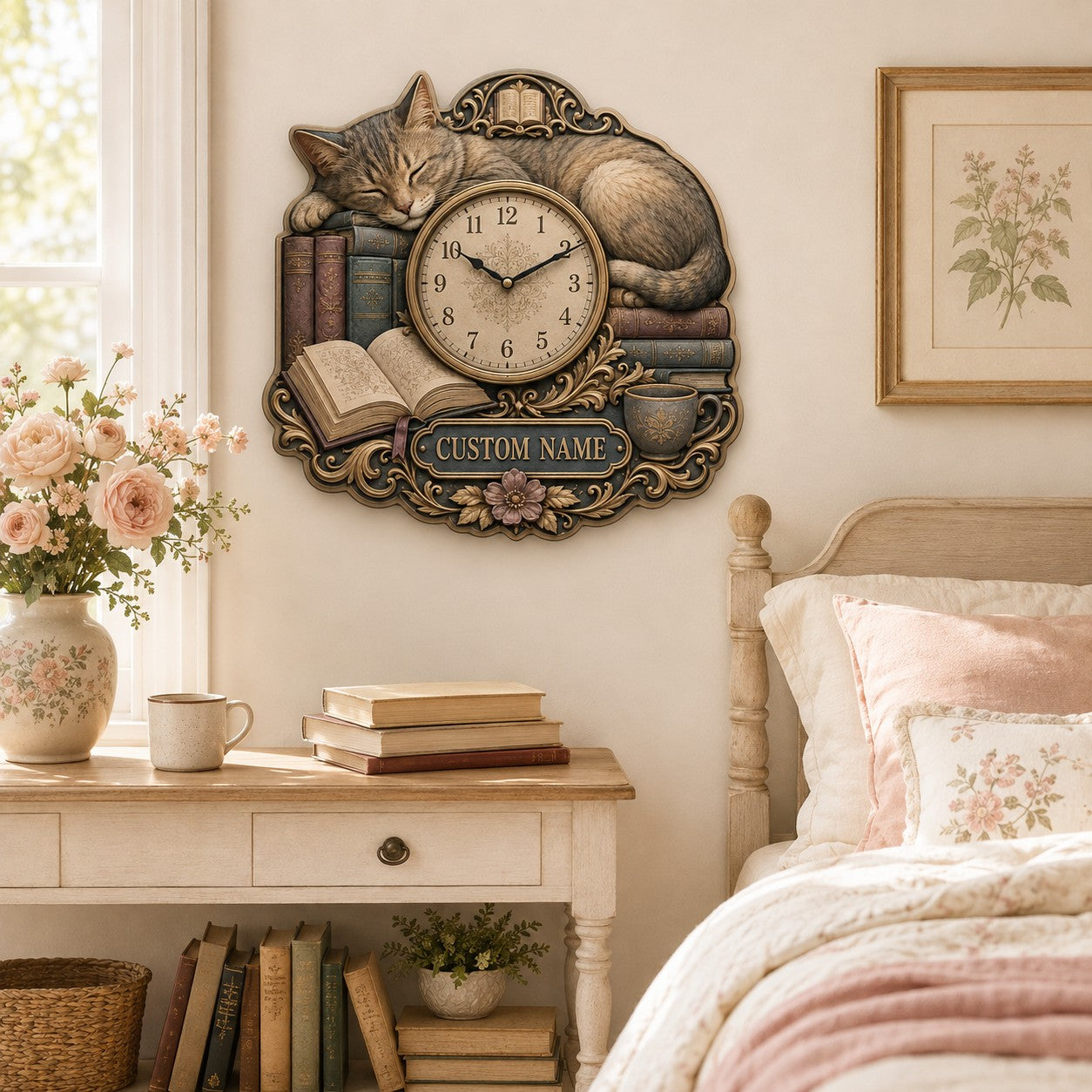 Personalized Cat Book Lover Wall Clock with Custom Name — personalized with a custom name