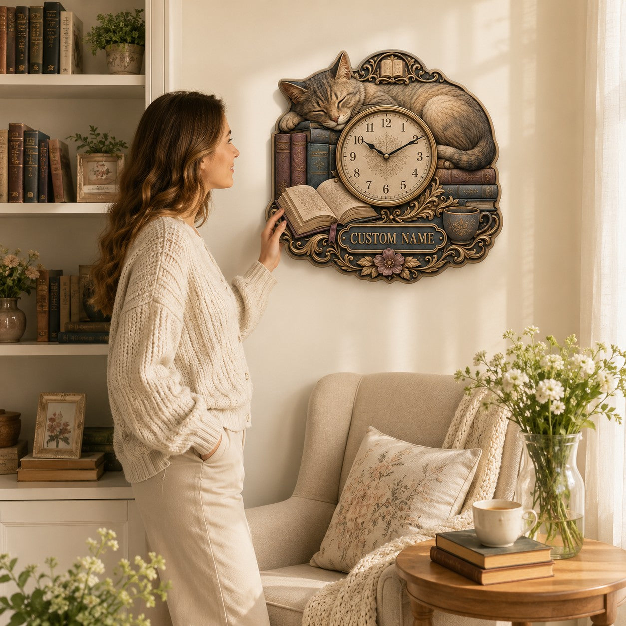 Personalized Cat Book Lover Wall Clock with Custom Name — personalized with a custom name