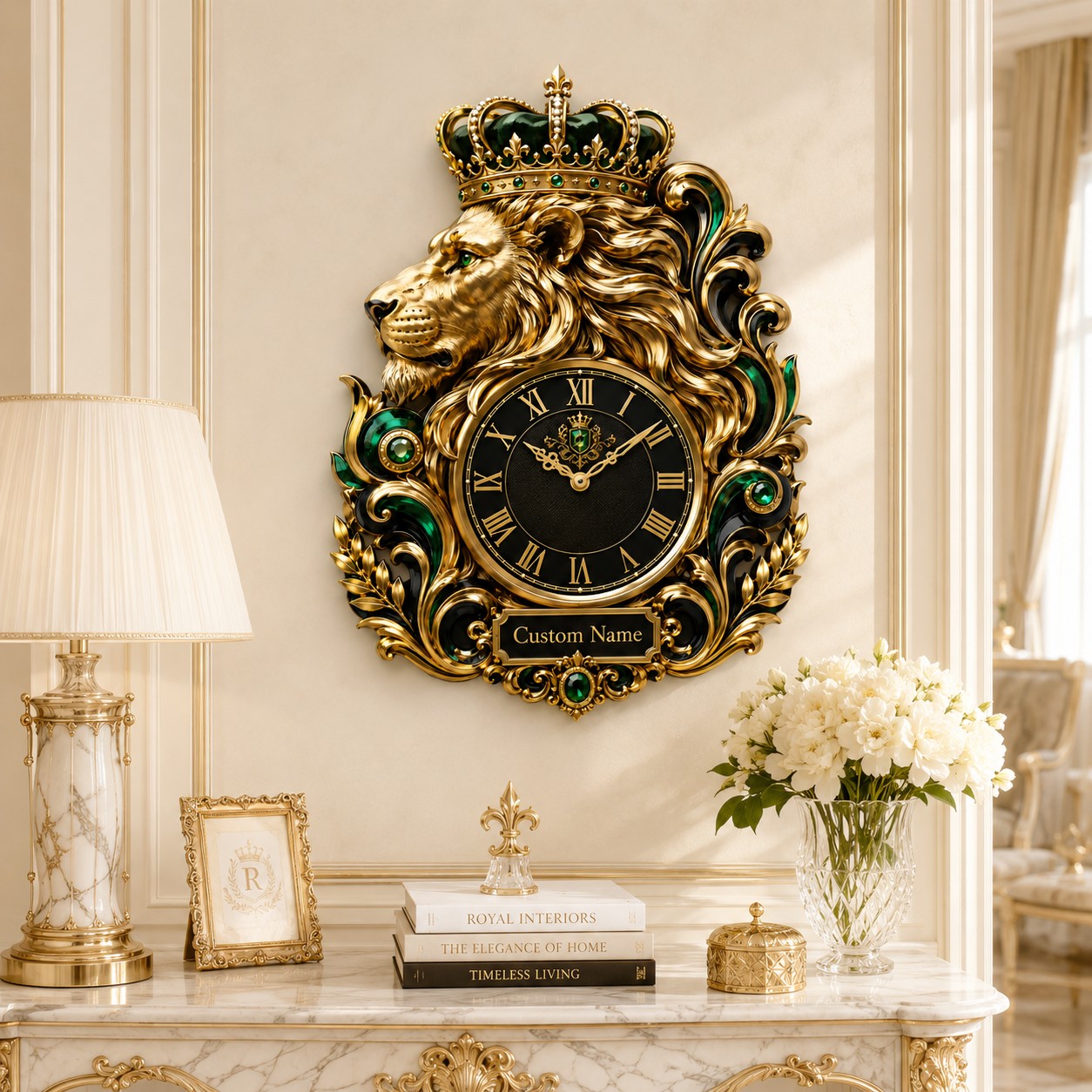 Personalized Crowned Lion Wall Clock with Custom Name — personalized with a custom name