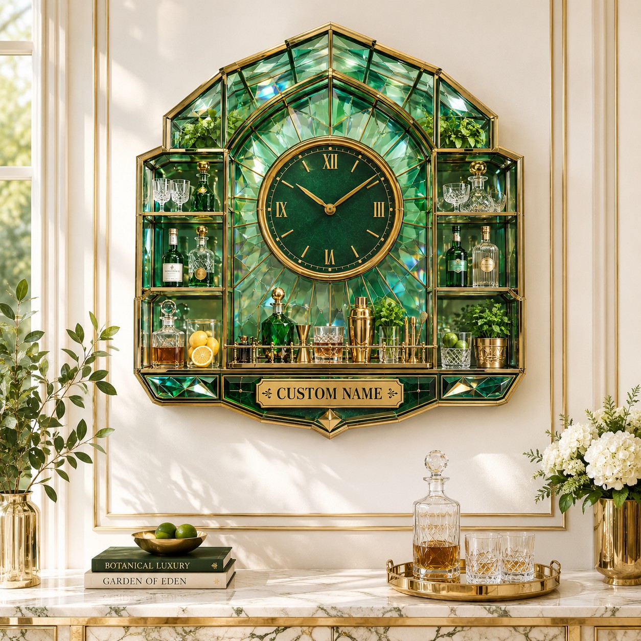 Personalized Botanical Bar Wall Clock with Custom Name — personalized with a custom name