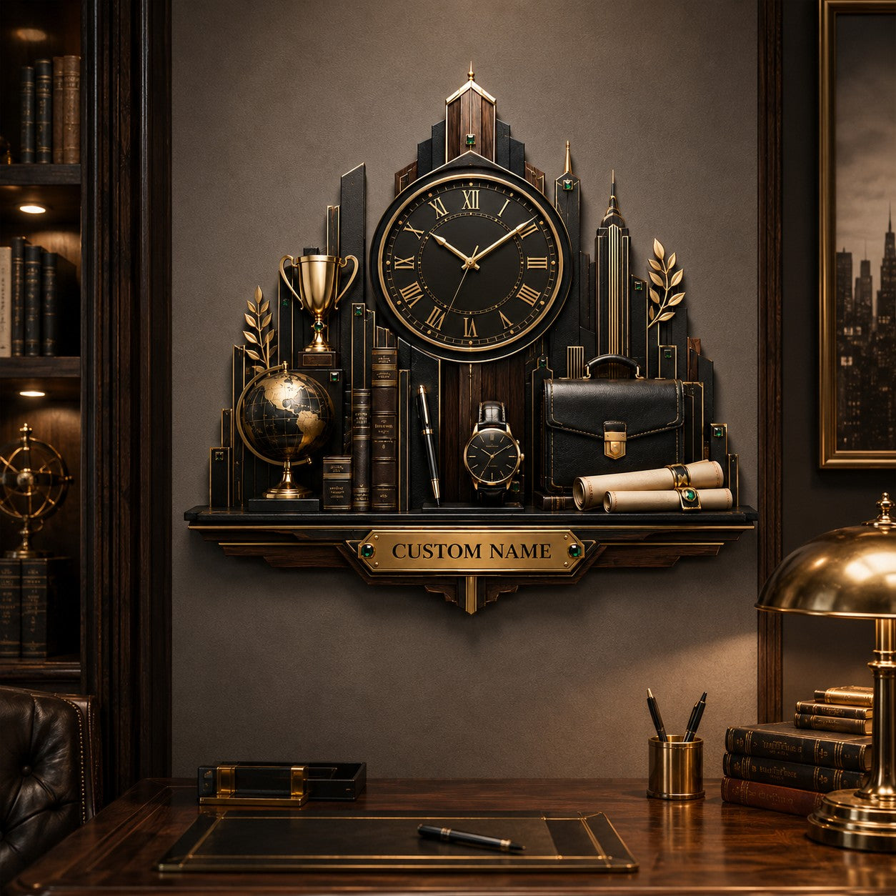 Personalized Executive Skyline Wall Clock with Custom Name — personalized with a custom name