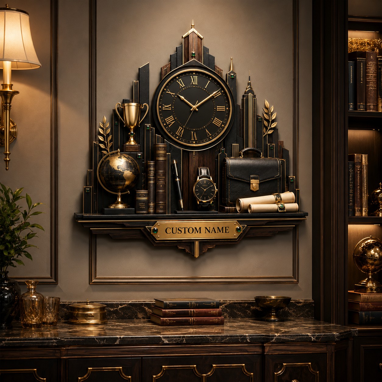 Personalized Executive Skyline Wall Clock with Custom Name — personalized with a custom name