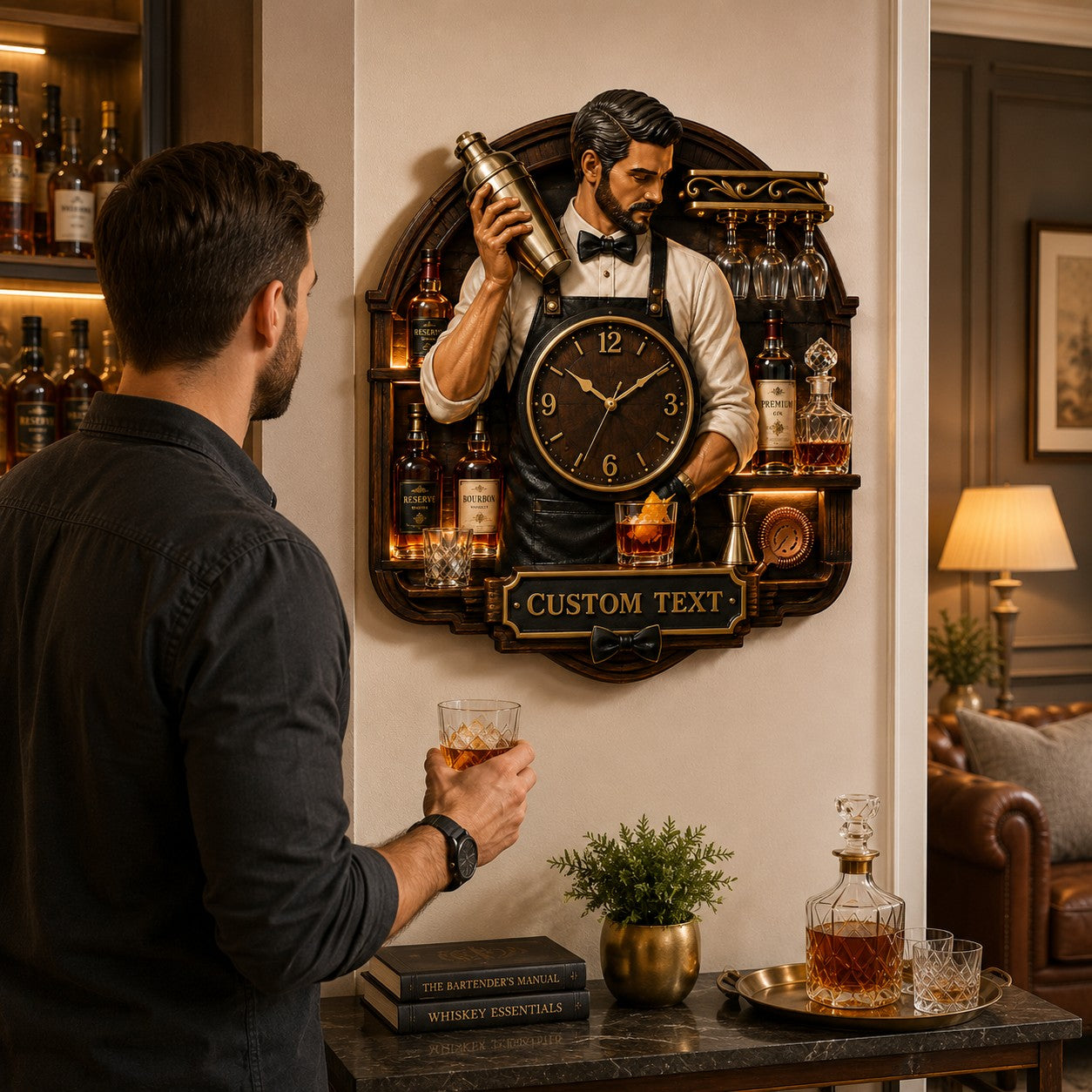 Personalized Bartender Portrait Wall Clock with Custom Name — personalized with a custom name