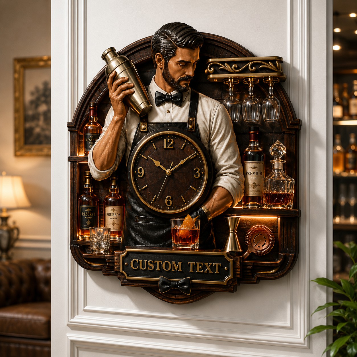 Personalized Bartender Portrait Wall Clock with Custom Name — personalized with a custom name
