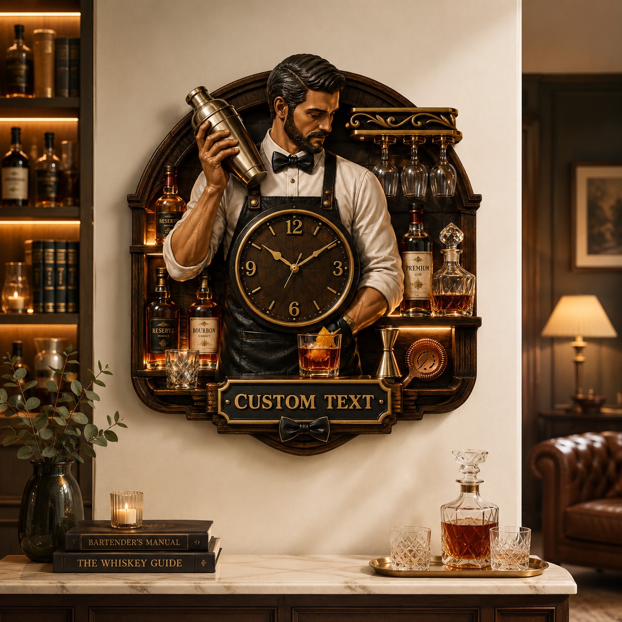 Personalized Bartender Portrait Wall Clock with Custom Name — personalized with a custom name
