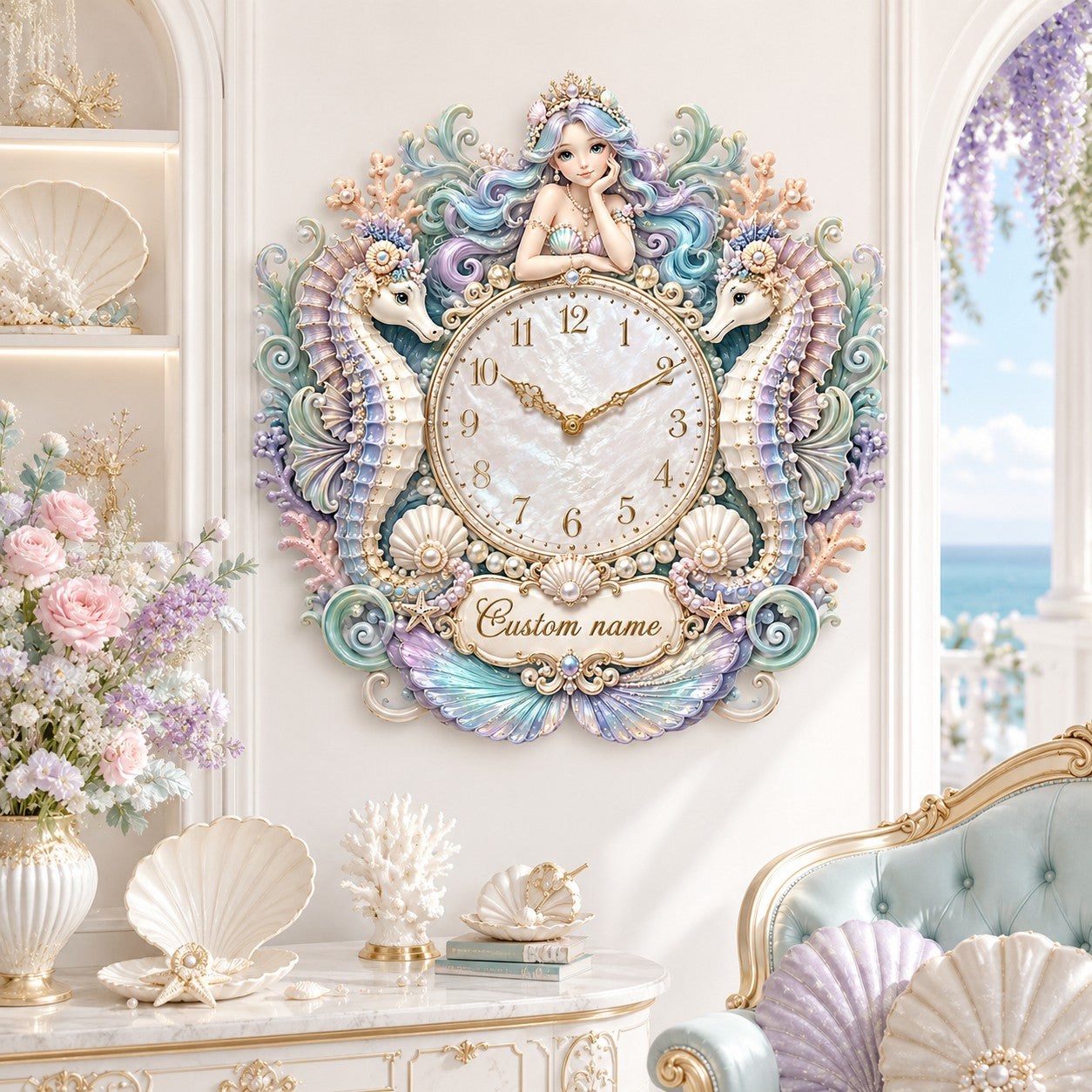 Personalized Mermaid and Seahorse Wall Clock with Custom Name — personalized with a custom name