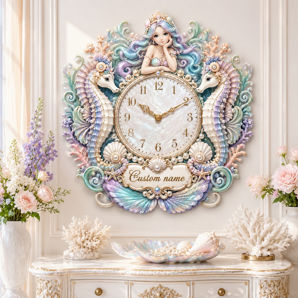 Personalized Mermaid and Seahorse Wall Clock with Custom Name — personalized with a custom name