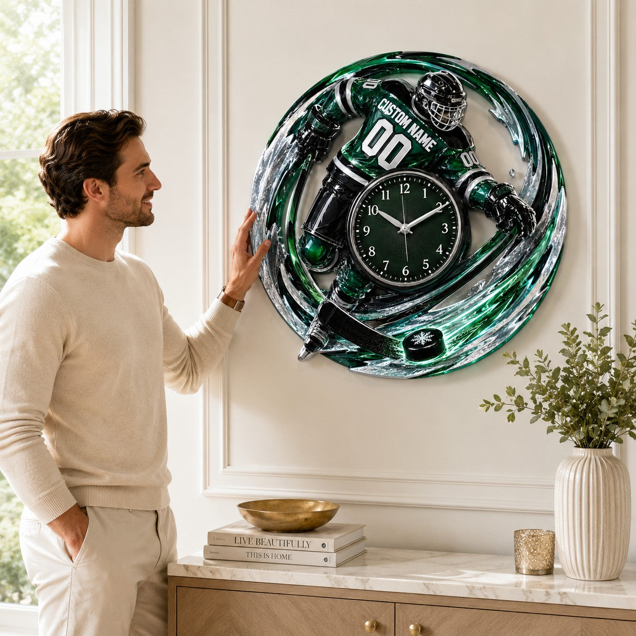 Personalized Hockey Player Wall Clock with Custom Name — personalized with a custom name