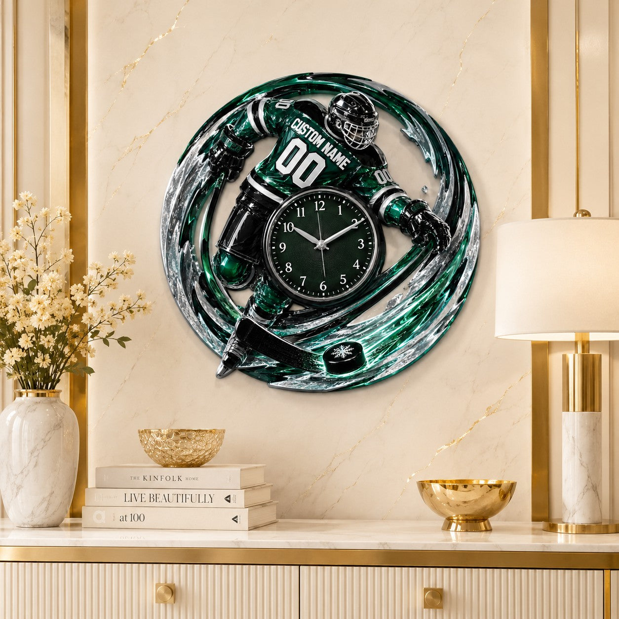 Personalized Hockey Player Wall Clock with Custom Name — personalized with a custom name