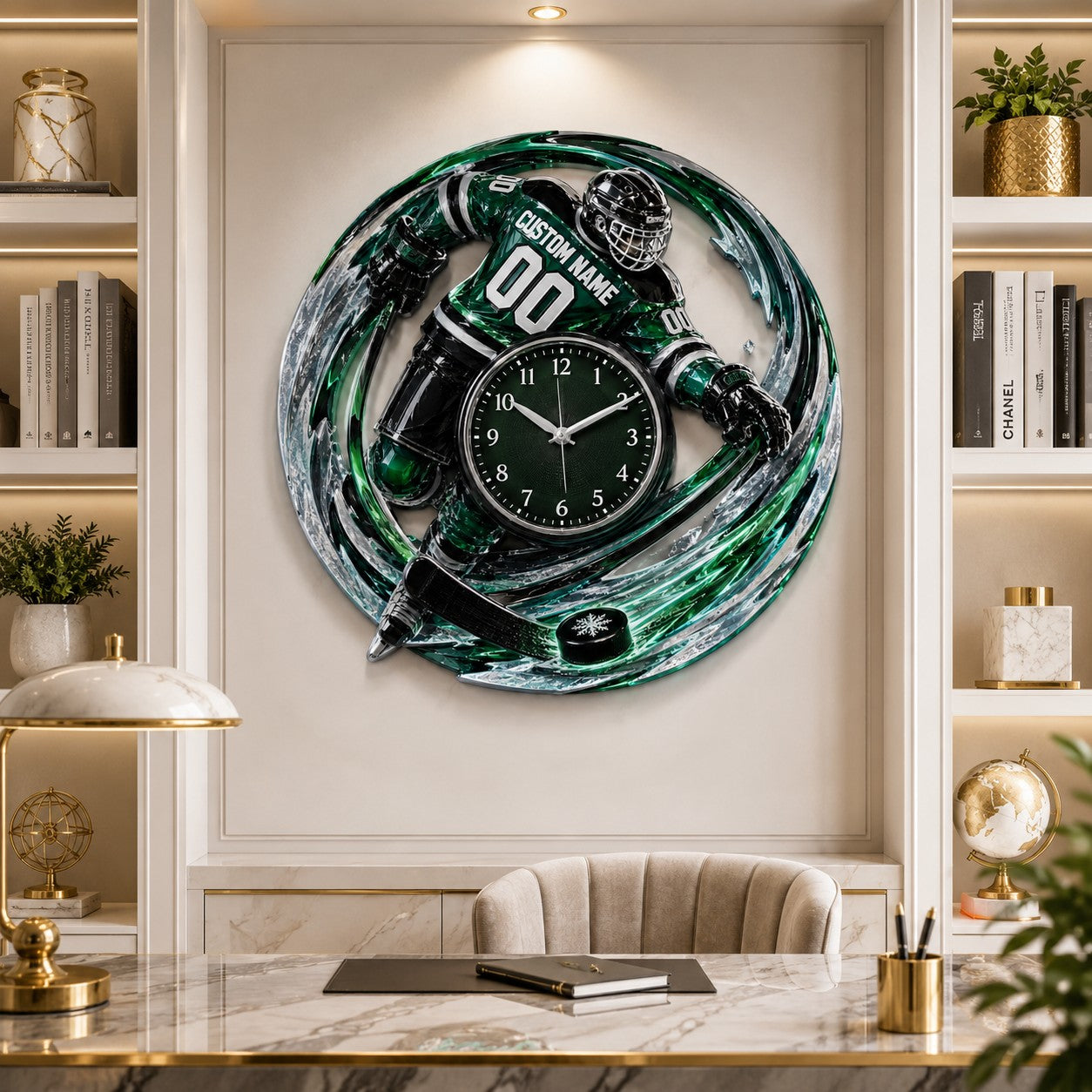 Personalized Hockey Player Wall Clock with Custom Name — personalized with a custom name