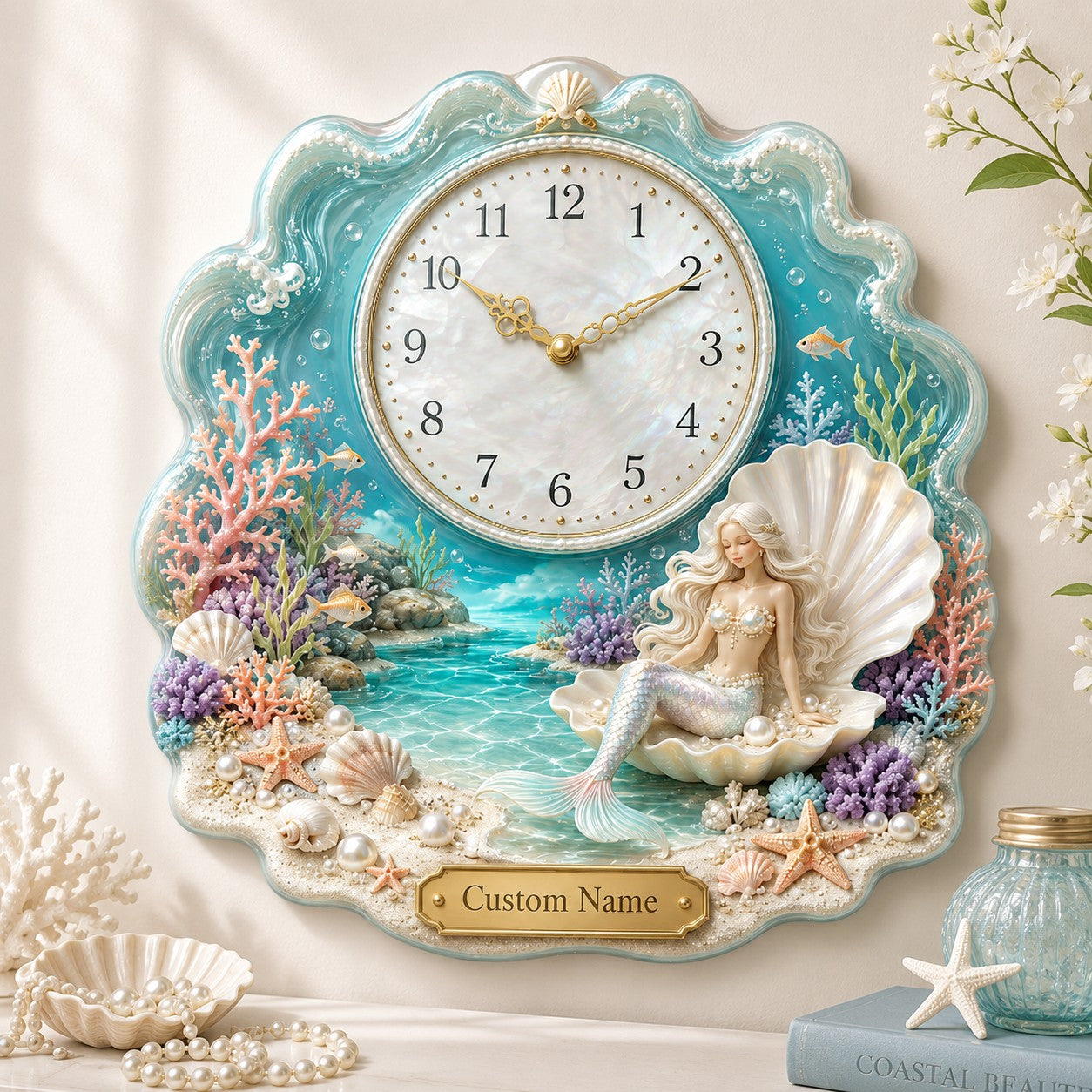 Personalized Pearl Shell Wall Clock with Custom Name — personalized with a custom name