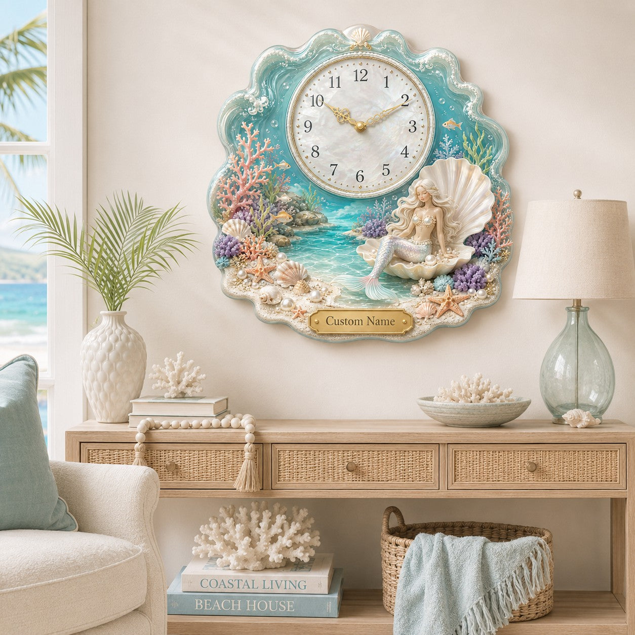 Personalized Pearl Shell Wall Clock with Custom Name — personalized with a custom name