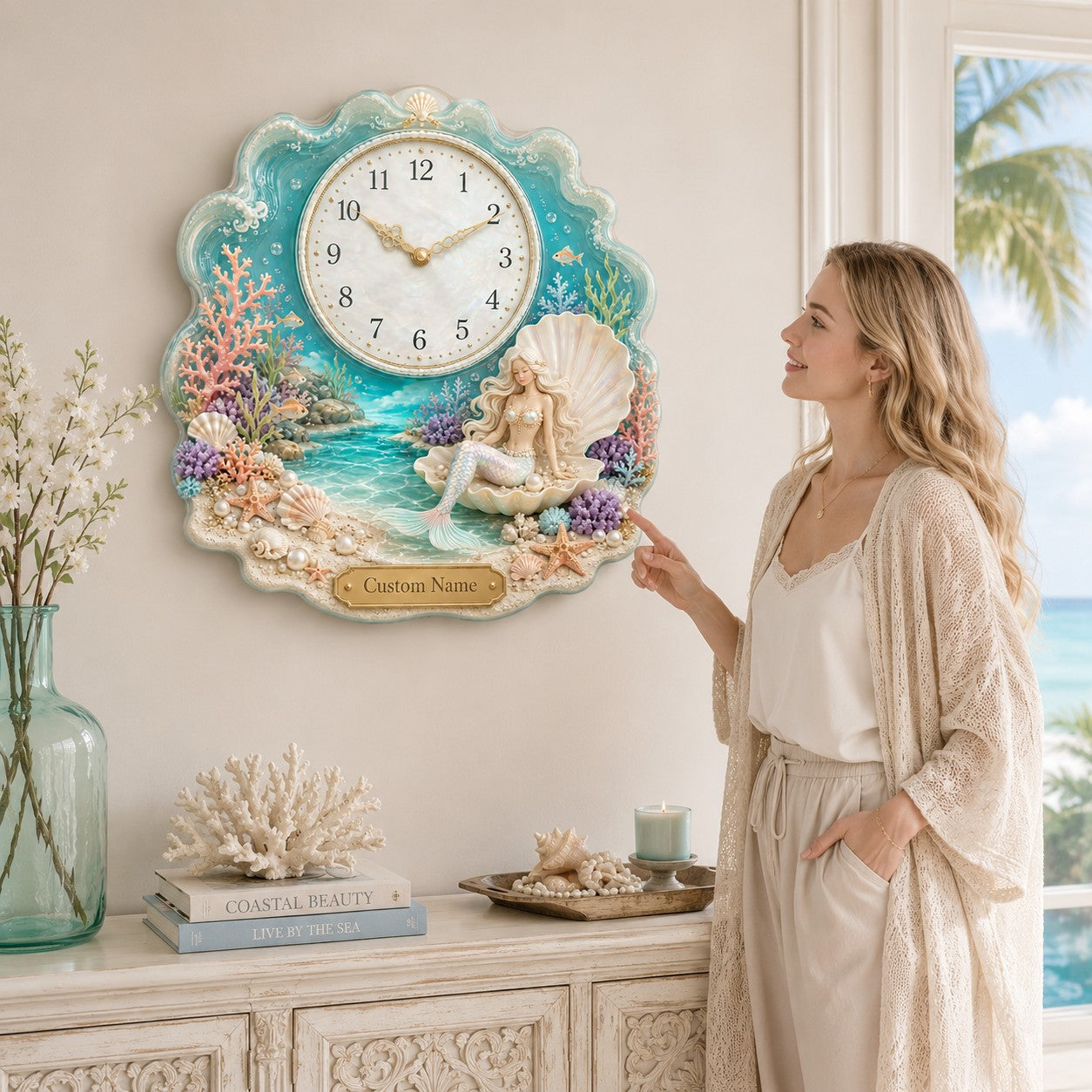 Personalized Pearl Shell Wall Clock with Custom Name — personalized with a custom name