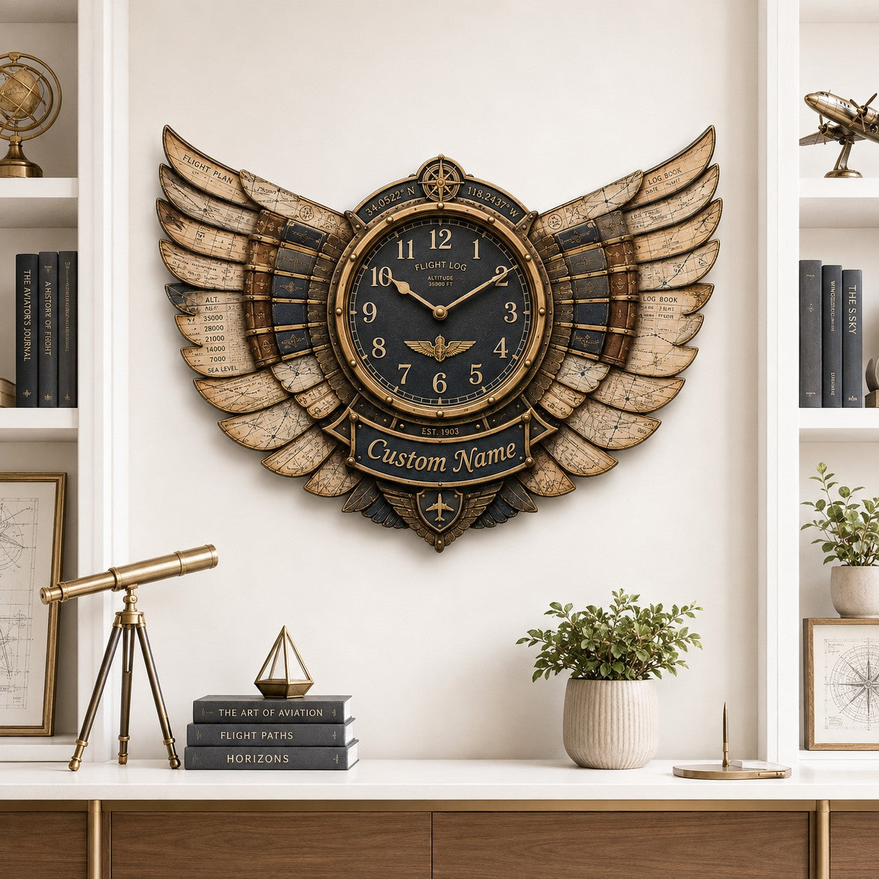 Personalized Pilot Book Lover Wall Clock, Custom Name Gift for Pilots — personalized with a custom name