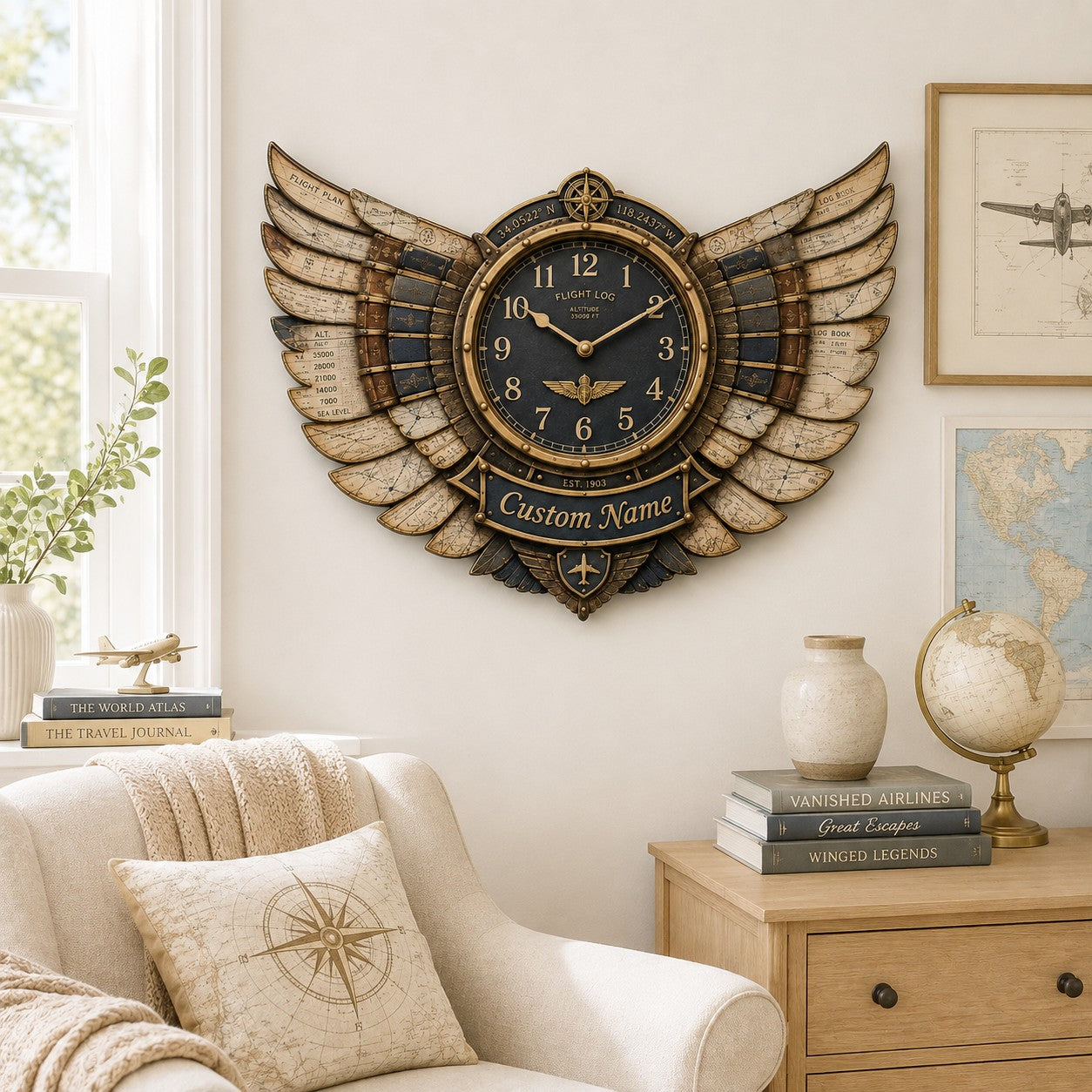 Personalized Pilot Book Lover Wall Clock, Custom Name Gift for Pilots — personalized with a custom name