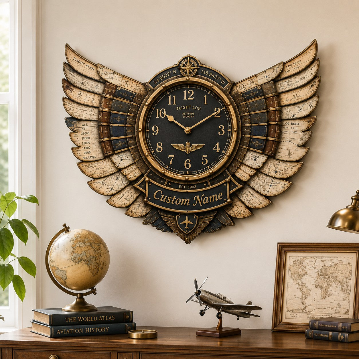 Personalized Pilot Book Lover Wall Clock, Custom Name Gift for Pilots — personalized with a custom name