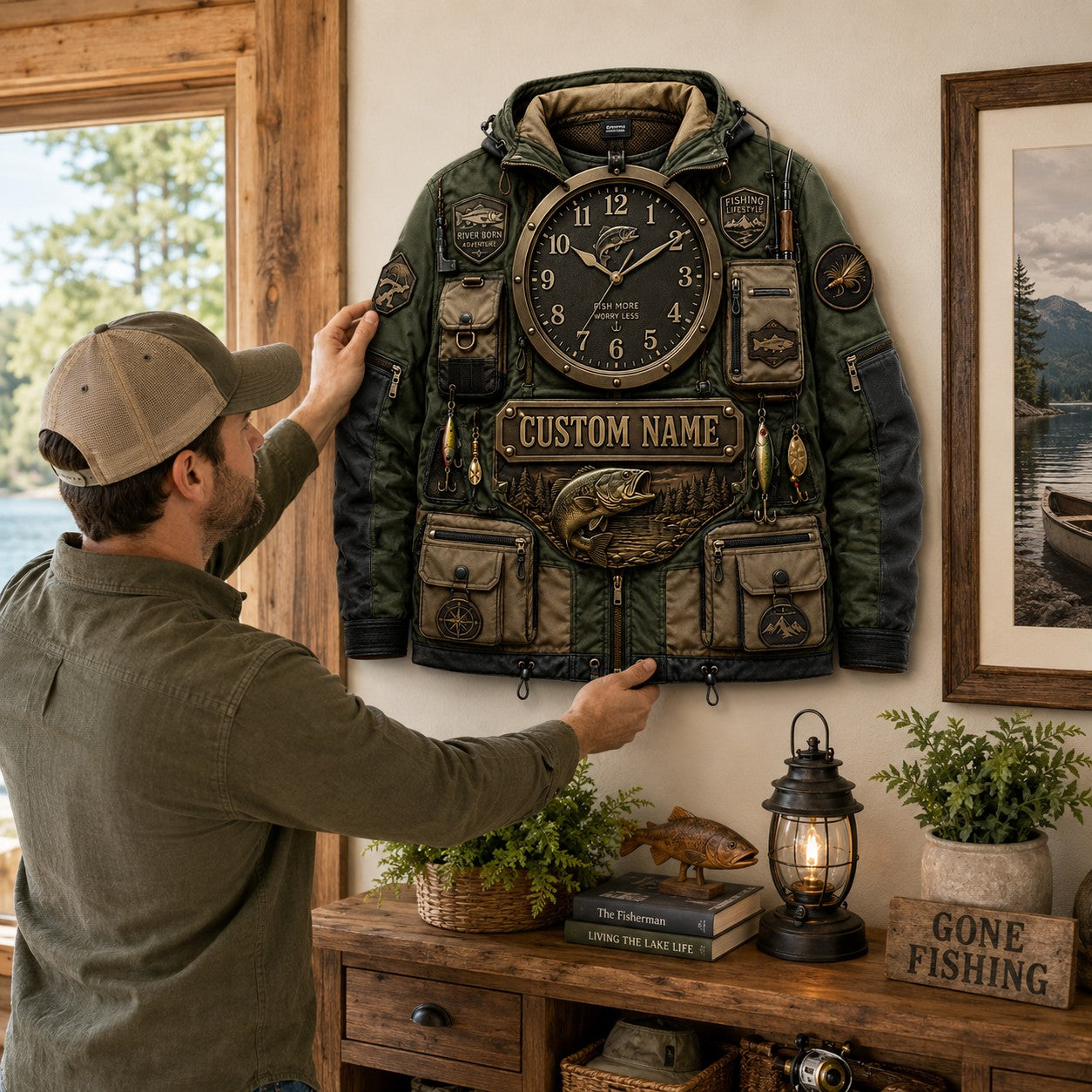 Personalized Fishing Jacket Wall Clock, Custom Name Gift for Anglers — personalized with a custom name