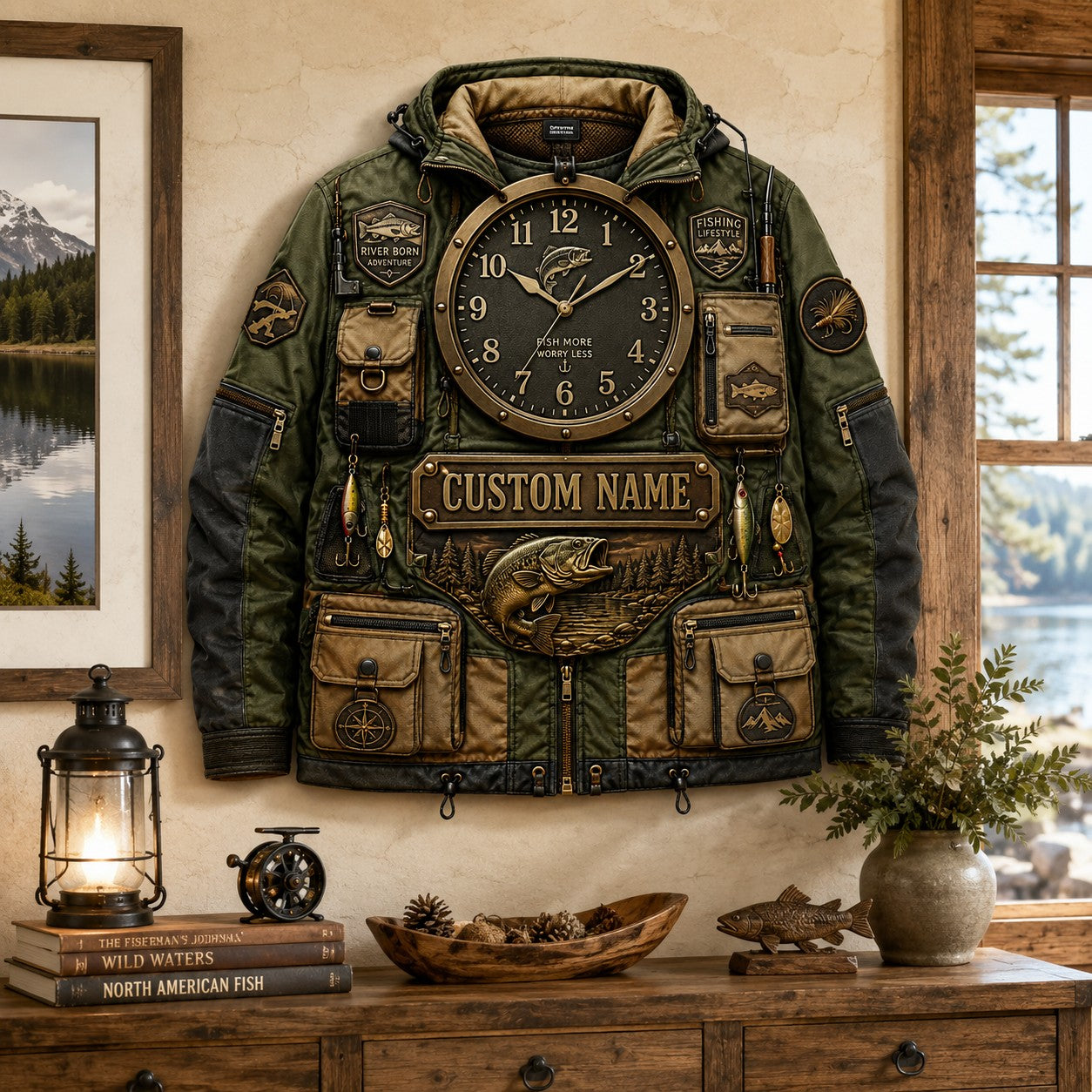 Personalized Fishing Jacket Wall Clock, Custom Name Gift for Anglers — personalized with a custom name