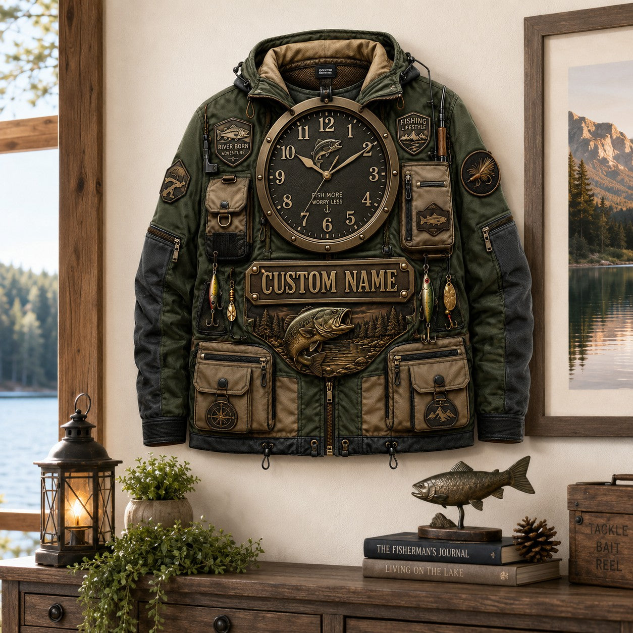 Personalized Fishing Jacket Wall Clock, Custom Name Gift for Anglers — personalized with a custom name
