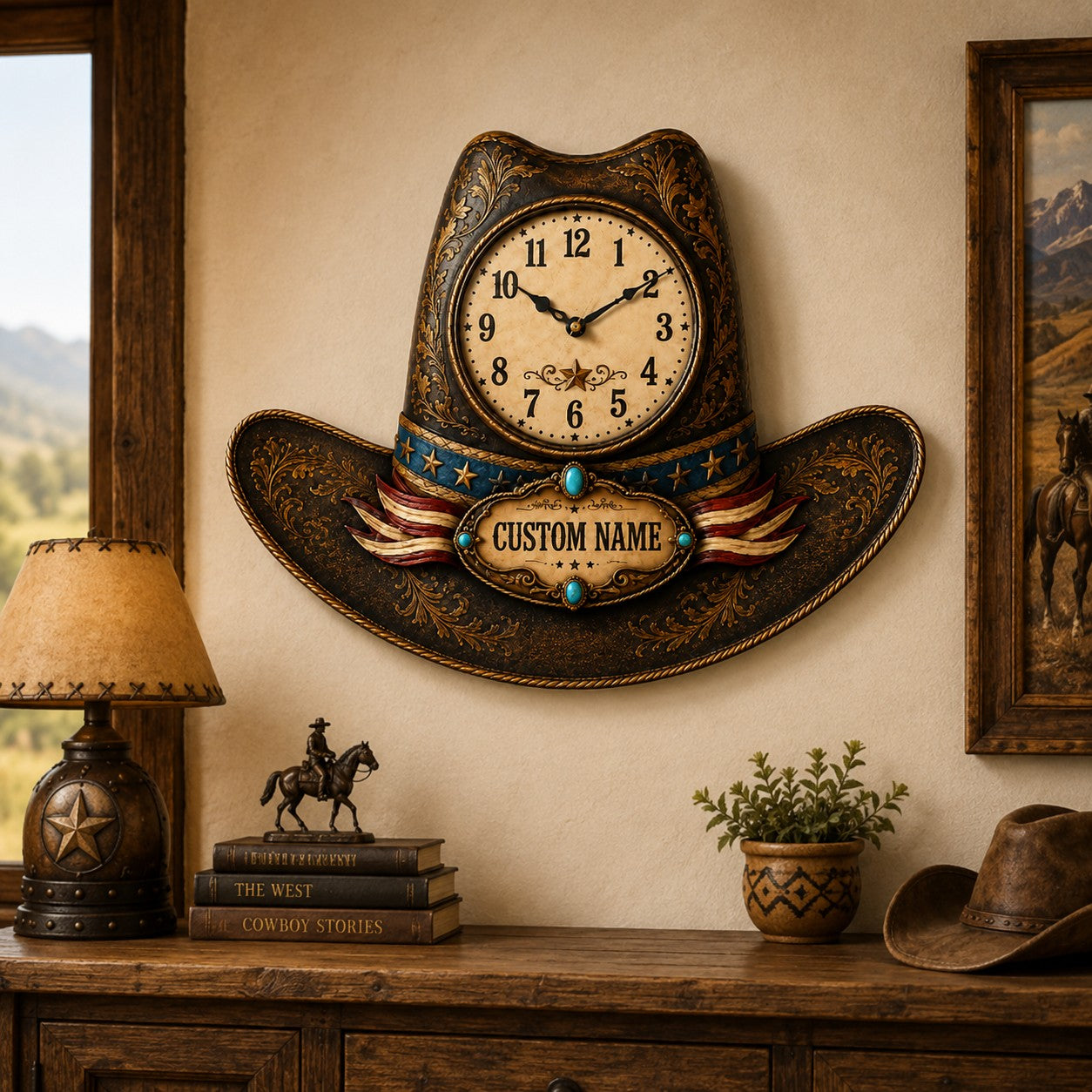 Personalized Cowboy Hat Shaped Wall Clock with Custom Name — personalized with a custom name