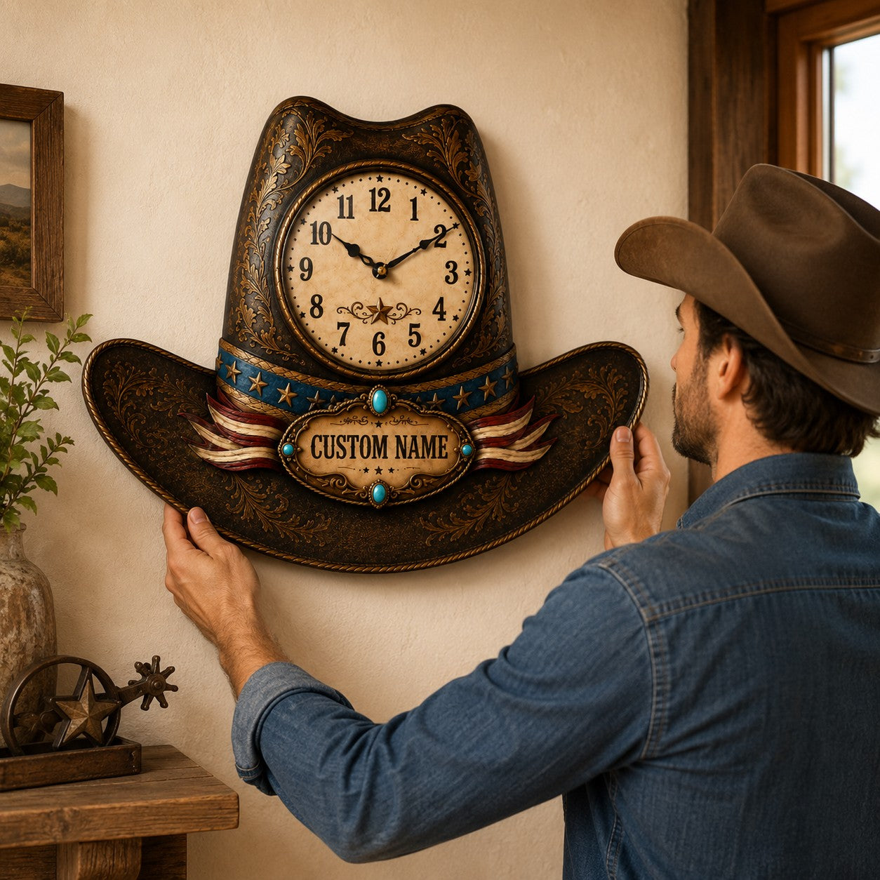 Personalized Cowboy Hat Shaped Wall Clock with Custom Name — personalized with a custom name