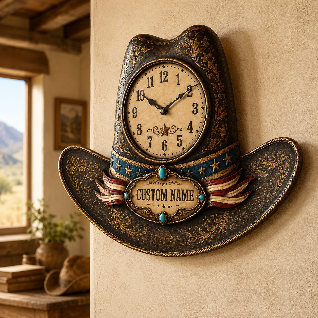 Personalized Cowboy Hat Shaped Wall Clock with Custom Name — personalized with a custom name