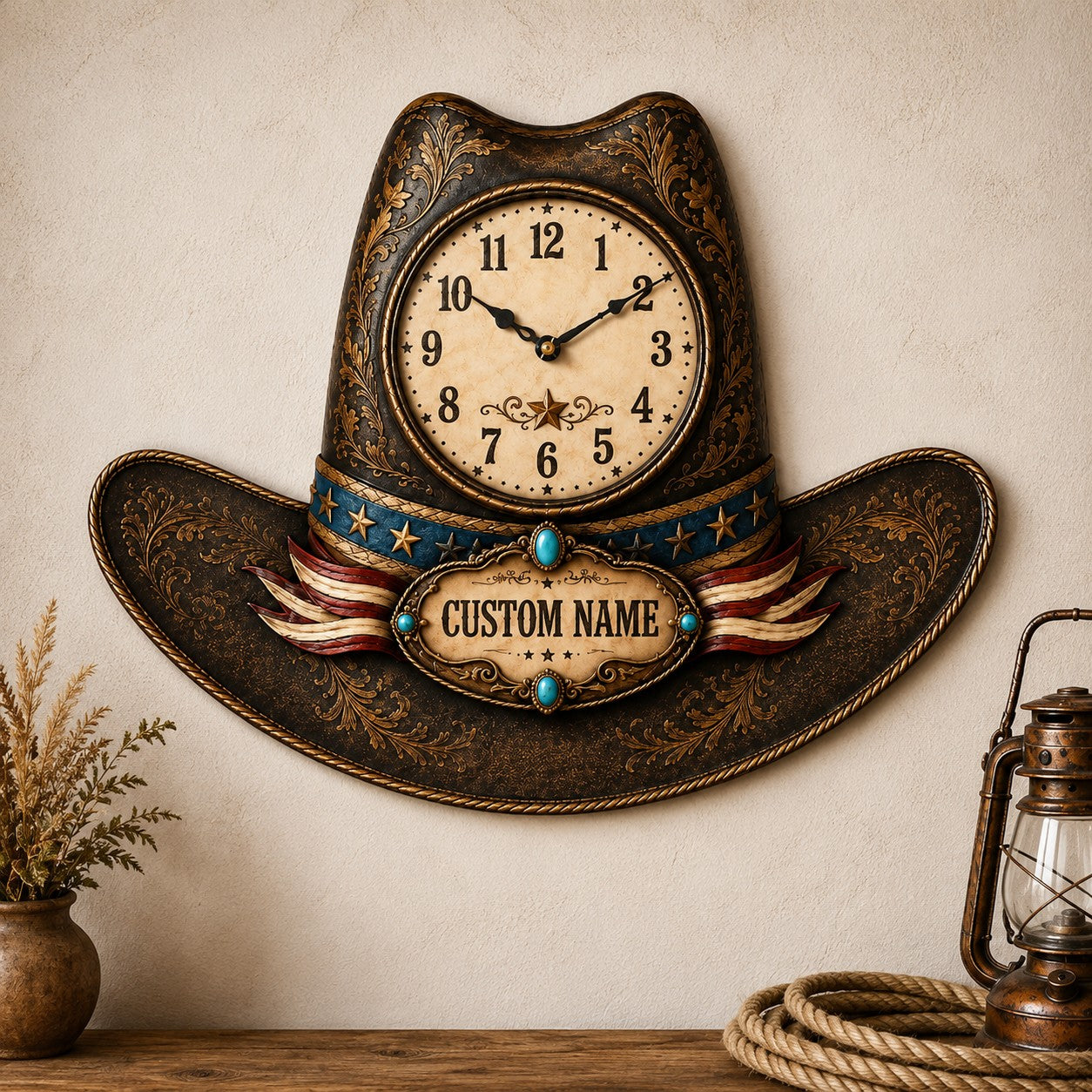 Personalized Cowboy Hat Shaped Wall Clock with Custom Name — personalized with a custom name