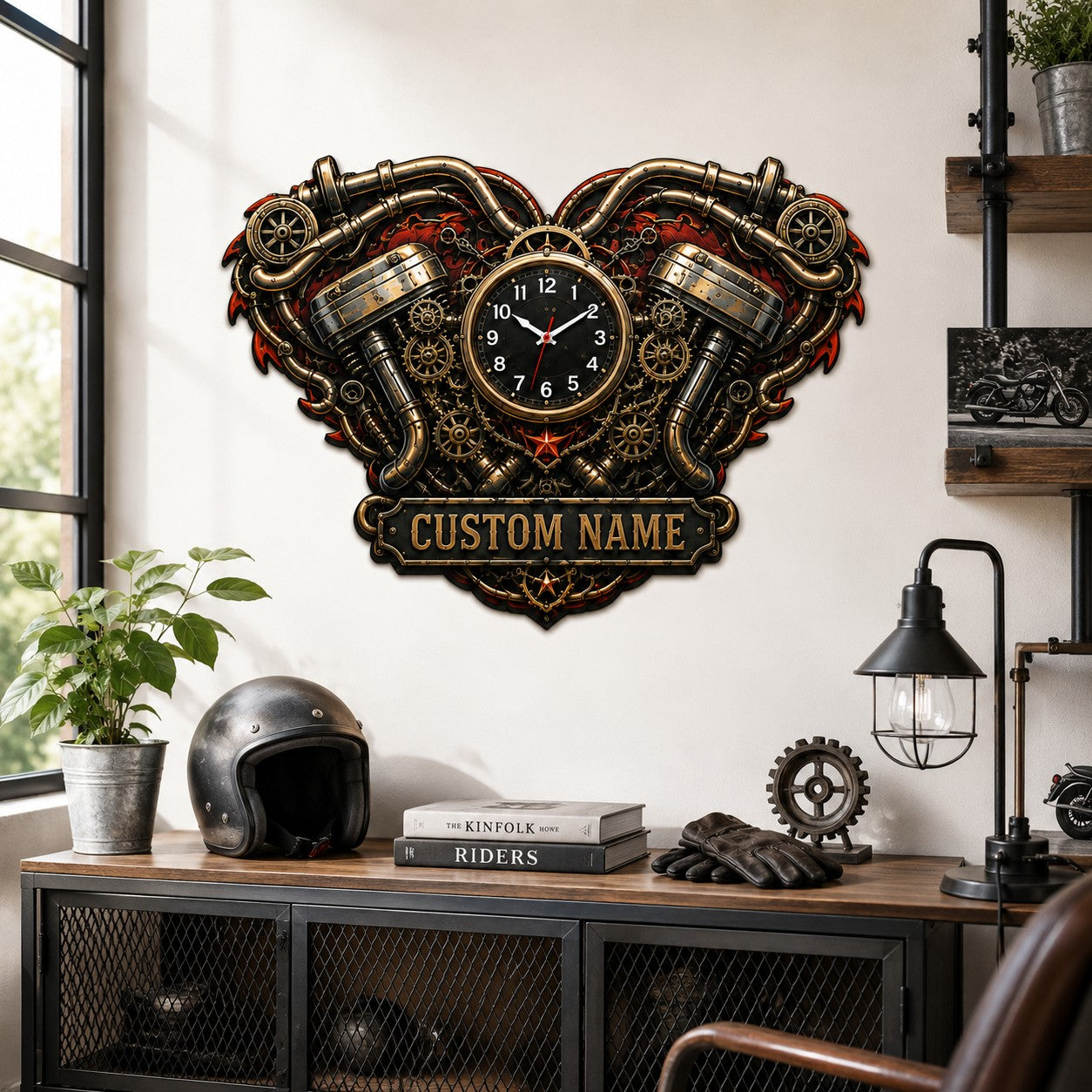 Personalized Motorcycle Wall Clock, Custom Name Gift for Bikers — personalized with a custom name