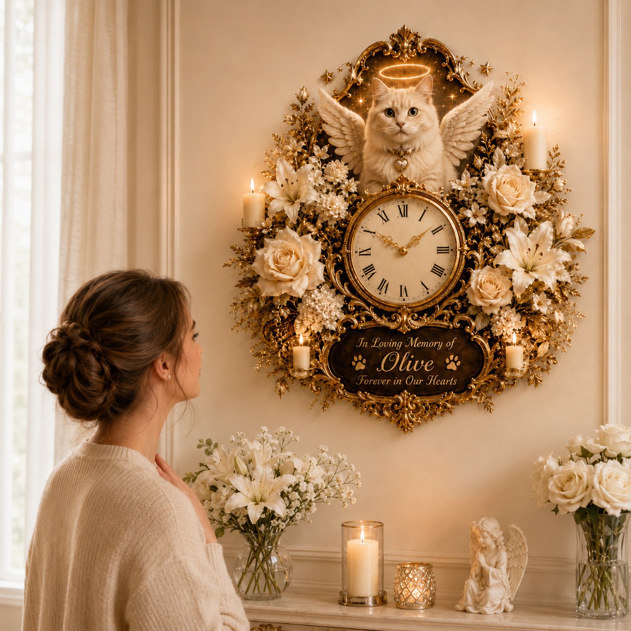 Personalized Cat Memorial Wall Clock, Custom Name Gift for Cat Lovers — personalized with a custom name