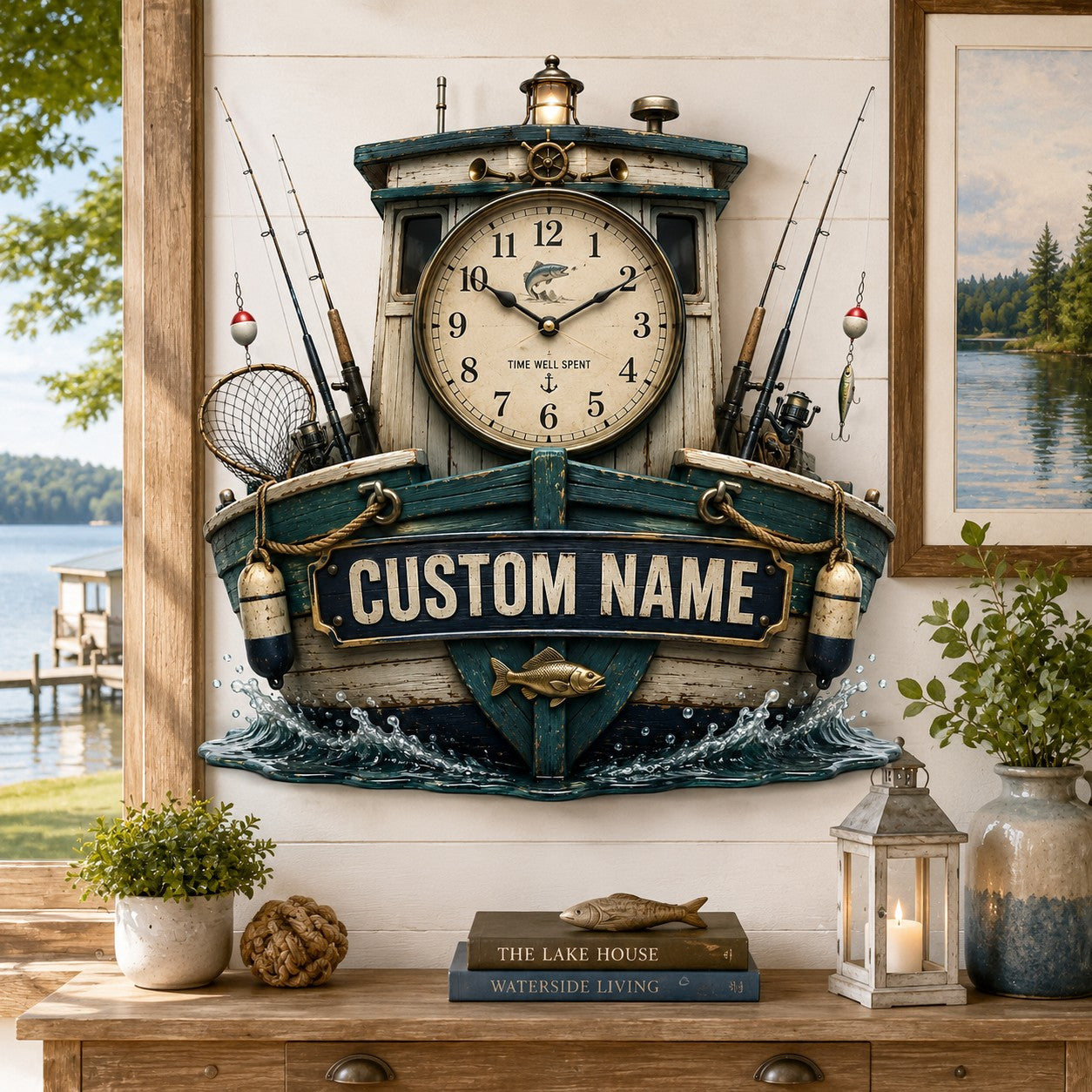 Personalized Fishing Boat Wall Clock, Custom Name Gift for Anglers — personalized with a custom name