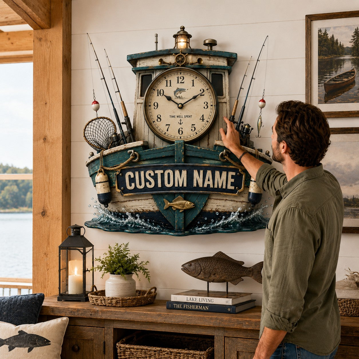 Personalized Fishing Boat Wall Clock, Custom Name Gift for Anglers — personalized with a custom name