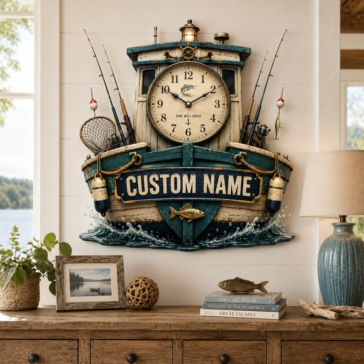 Personalized Fishing Boat Wall Clock, Custom Name Gift for Anglers — personalized with a custom name