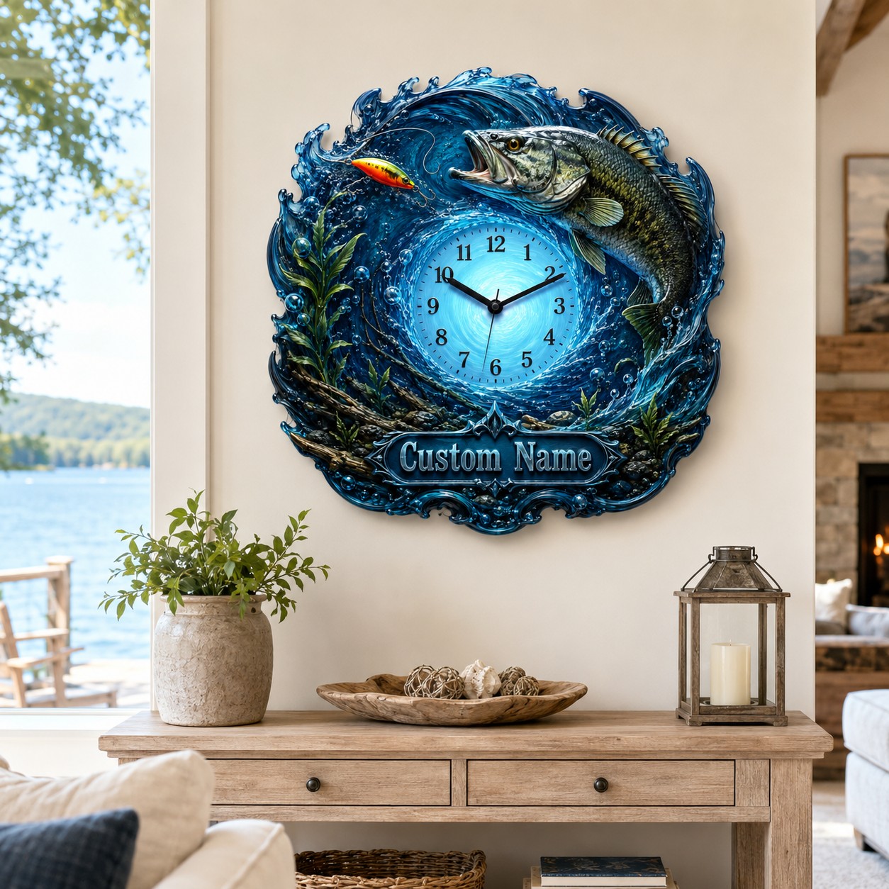 Personalized Bass Fishing Wall Clock, Custom Name Gift for Anglers (Design 2) — personalized with a custom name