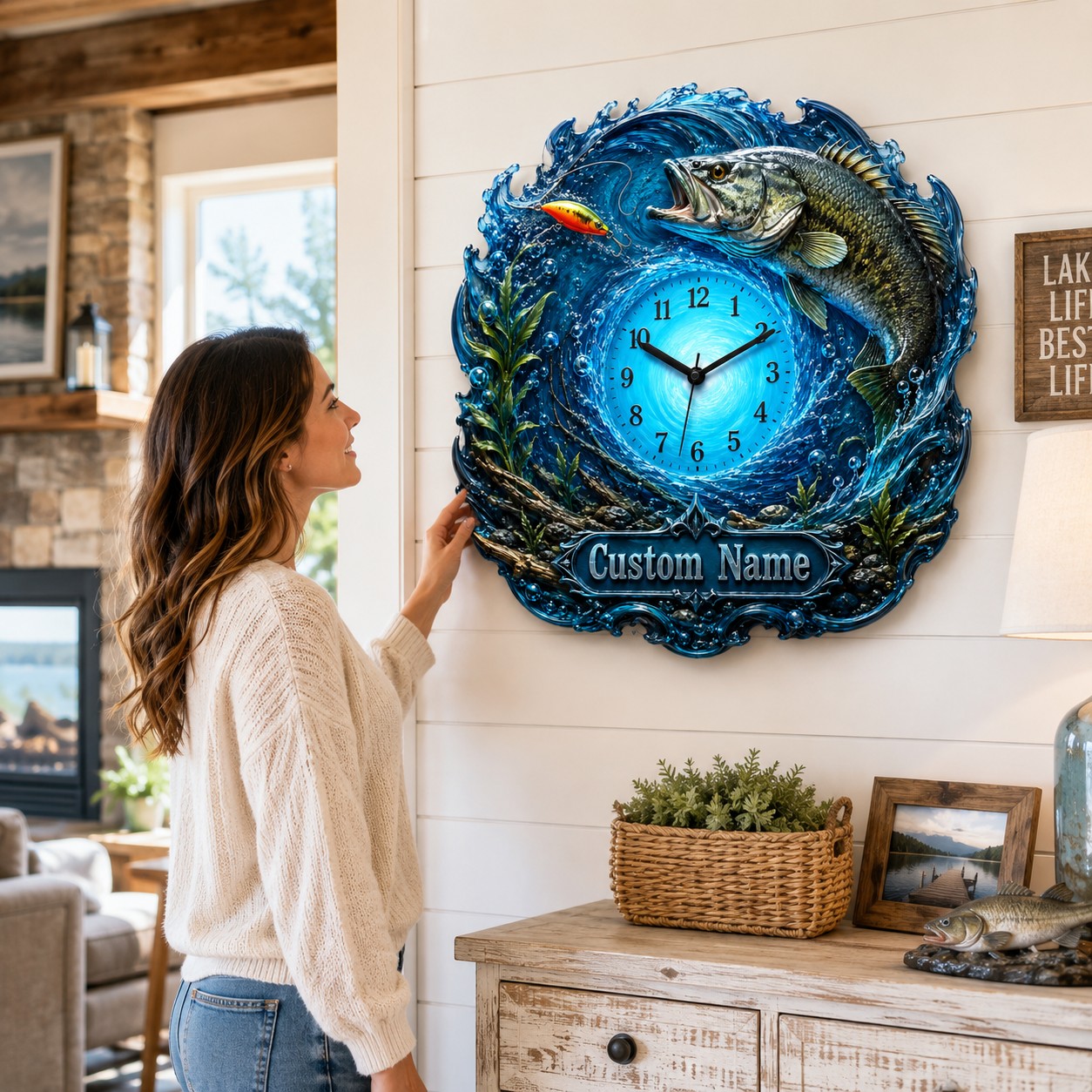 Personalized Bass Fishing Wall Clock, Custom Name Gift for Anglers (Design 2) — personalized with a custom name