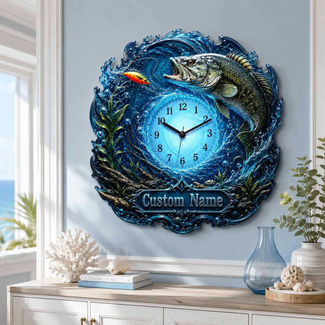 Personalized Bass Fishing Wall Clock, Custom Name Gift for Anglers (Design 2) — personalized with a custom name