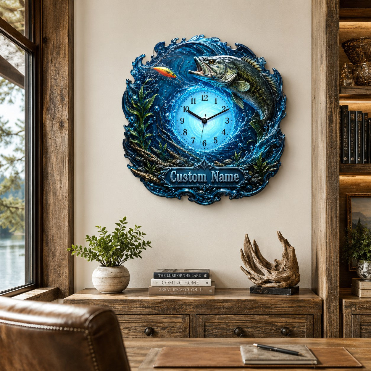 Personalized Bass Fishing Wall Clock, Custom Name Gift for Anglers (Design 2) — personalized with a custom name