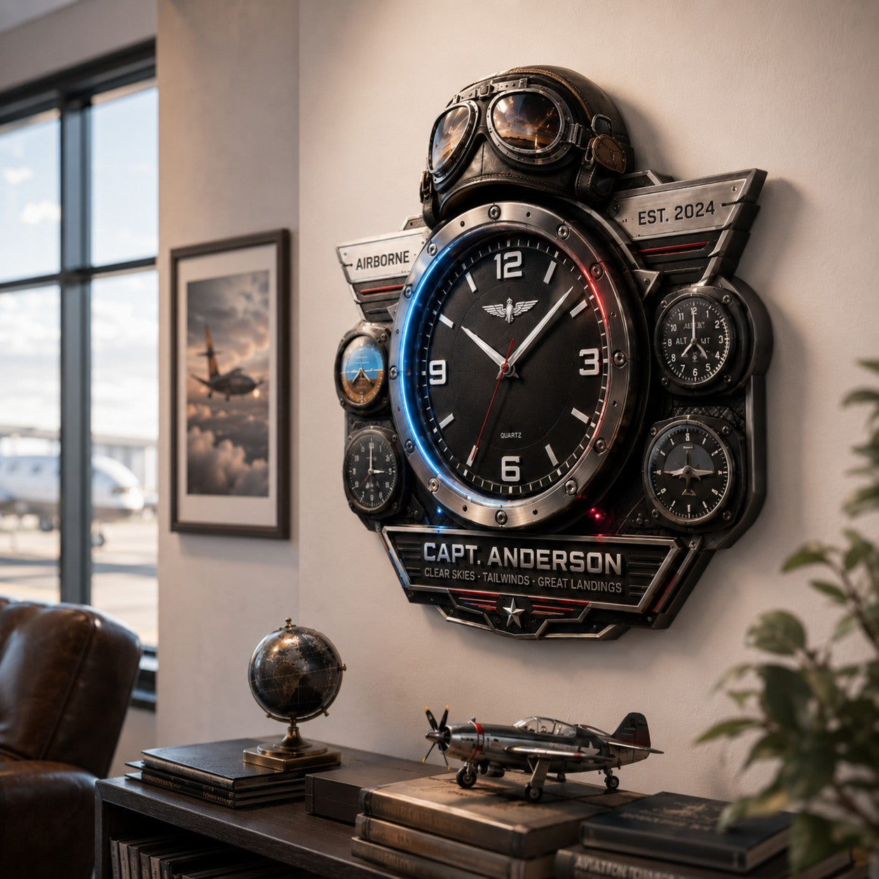 Personalized Pilot Aviation Wall Clock, Custom Name Gift for Pilots — personalized with a custom name