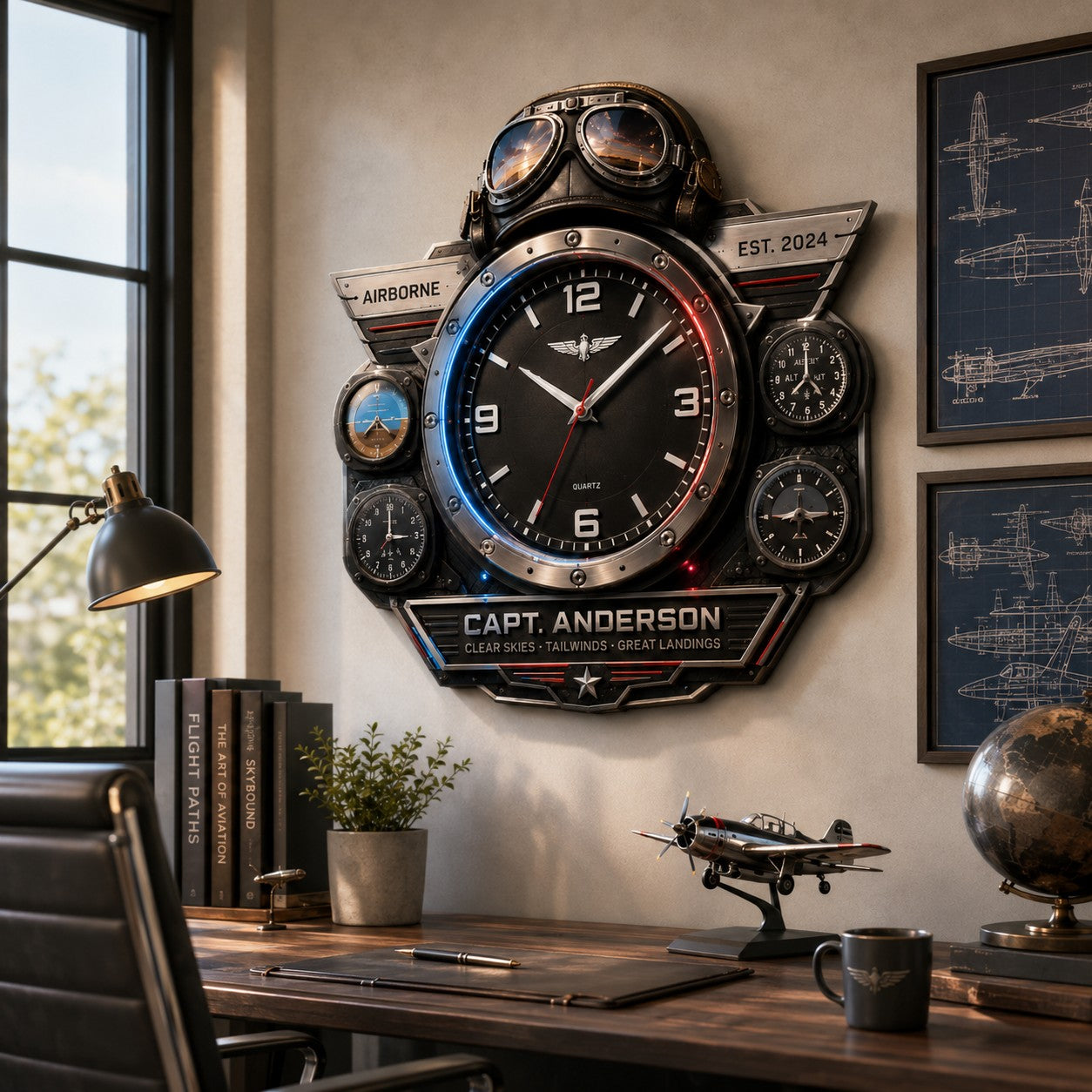 Personalized Pilot Aviation Wall Clock, Custom Name Gift for Pilots — personalized with a custom name
