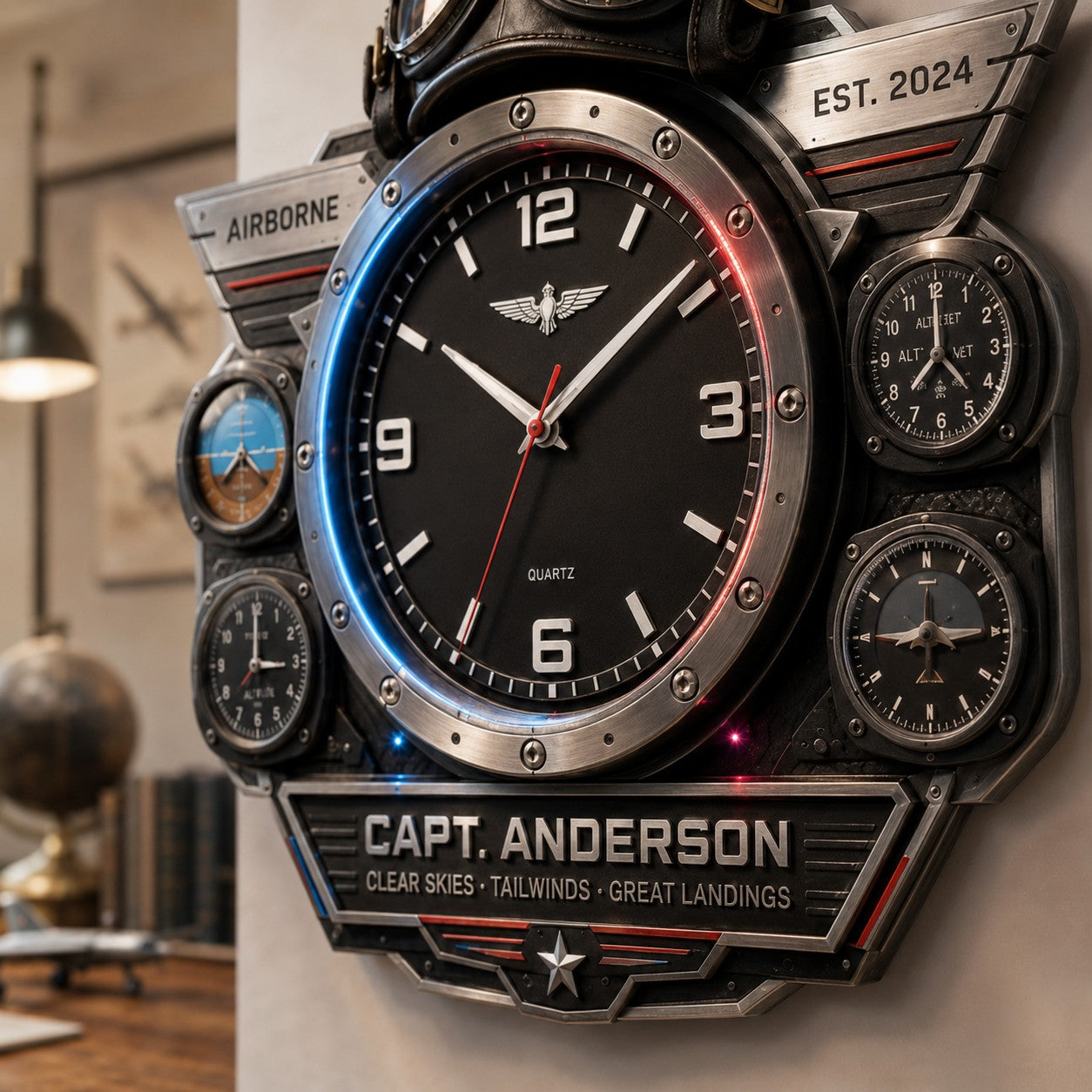Personalized Pilot Aviation Wall Clock, Custom Name Gift for Pilots — personalized with a custom name