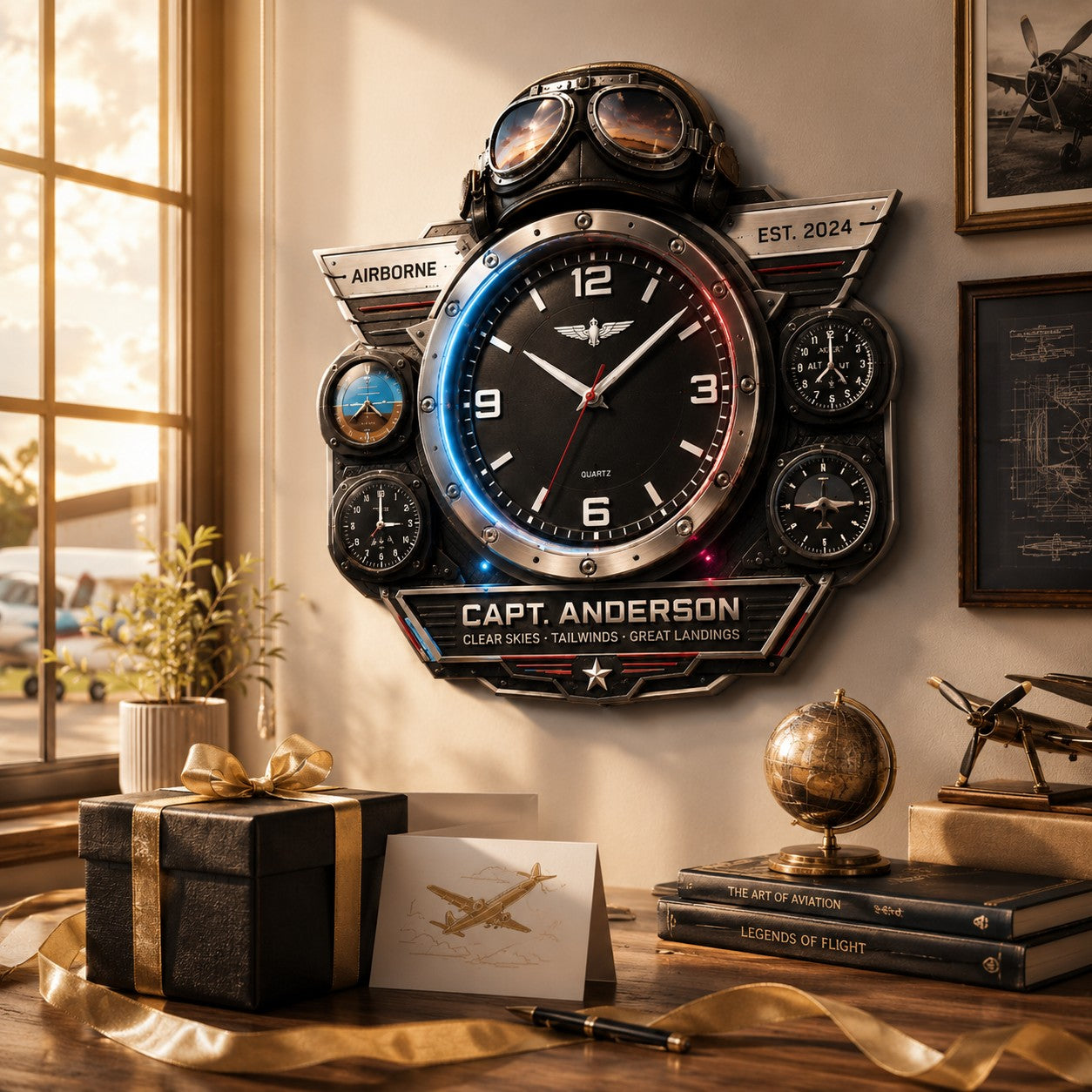 Personalized Pilot Aviation Wall Clock, Custom Name Gift for Pilots — personalized with a custom name