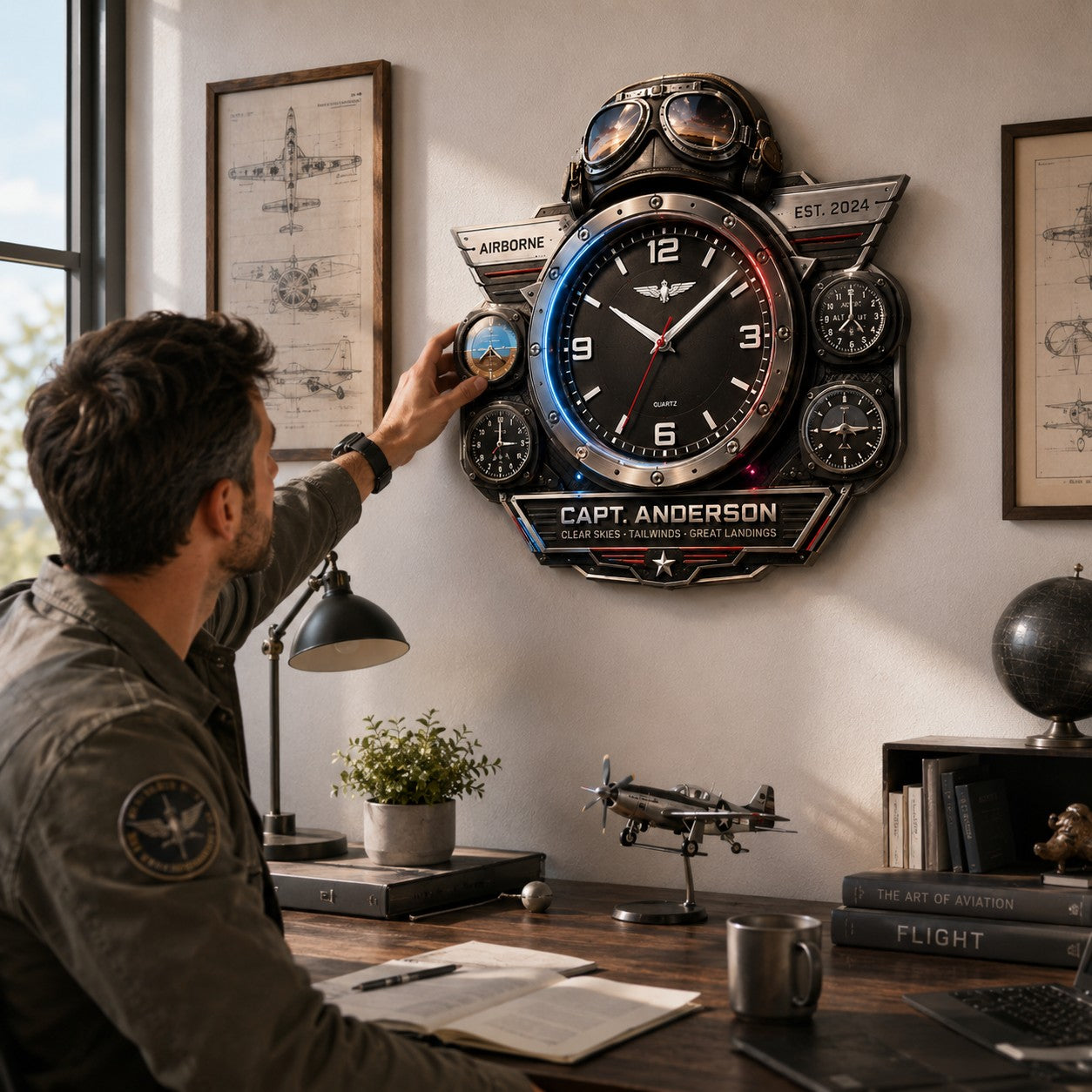 Personalized Pilot Aviation Wall Clock, Custom Name Gift for Pilots — personalized with a custom name