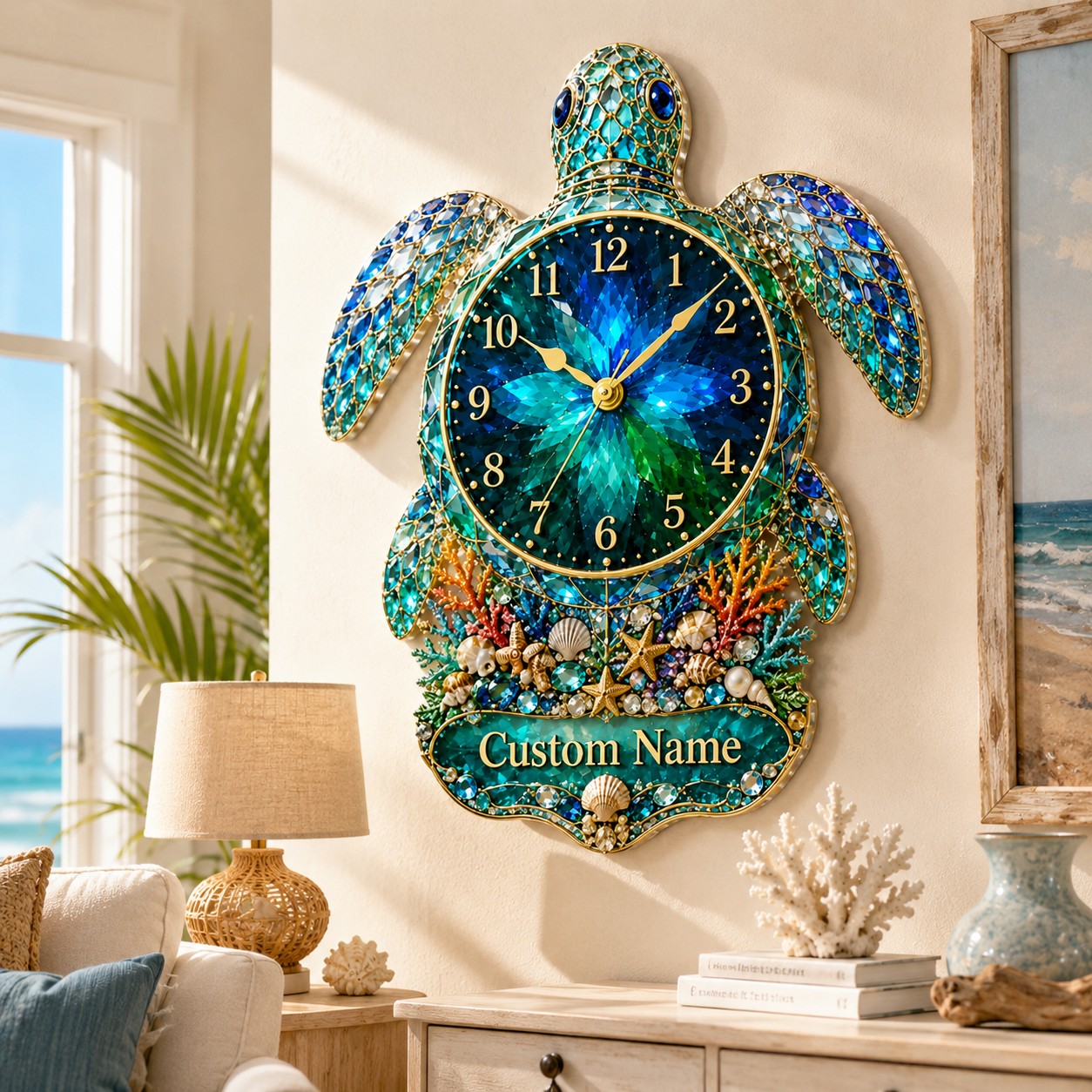 Personalized Sea Turtle Wall Clock with Custom Name (Design 4) — personalized with a custom name