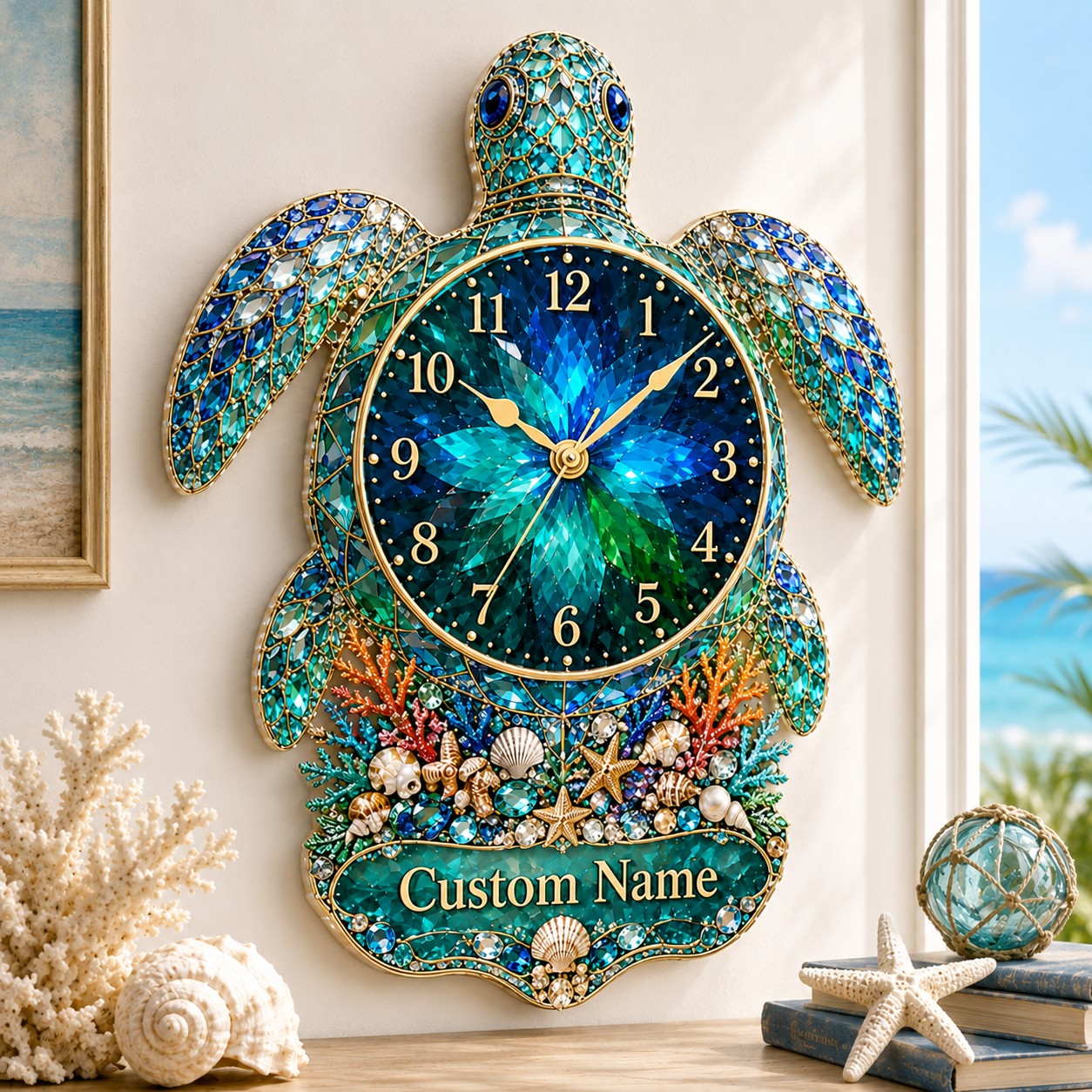 Personalized Sea Turtle Wall Clock with Custom Name (Design 4) — personalized with a custom name