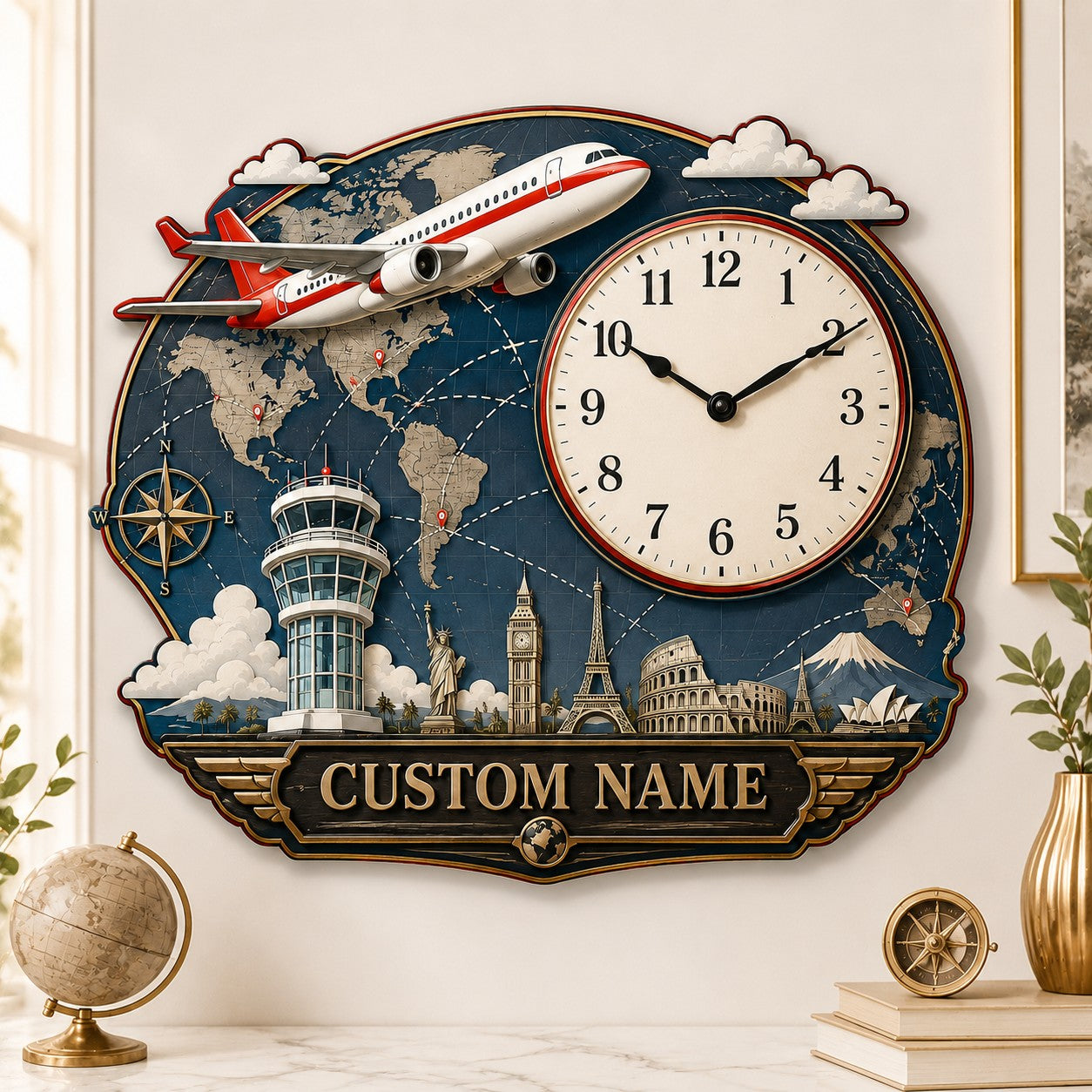Personalized Airplane World Map Wall Clock with Custom Name — personalized with a custom name