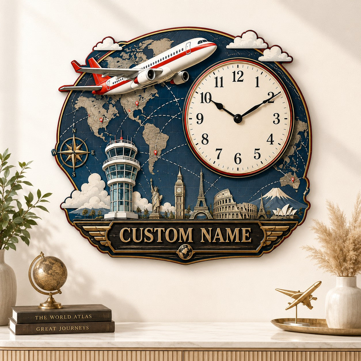 Personalized Airplane World Map Wall Clock with Custom Name — personalized with a custom name